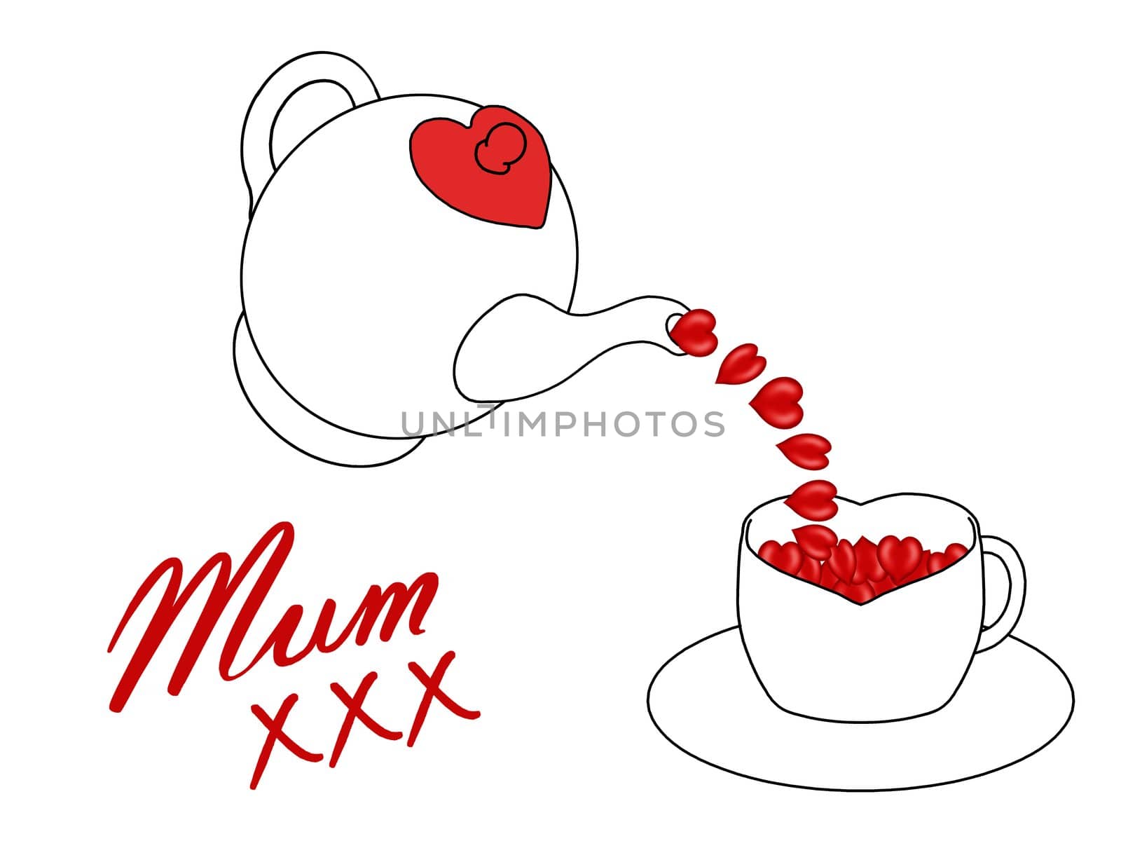 Mum xxx, Teapot pouring red hearts into a teacup isolated on a white background