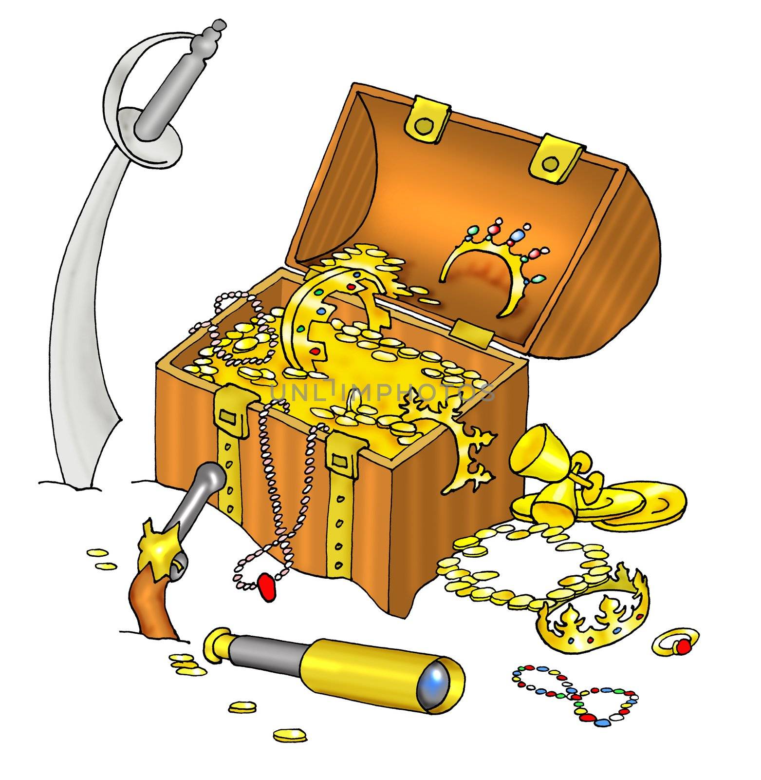 Pirate's treasure chest illustration with gold coins, cutlass isolated on a white background
