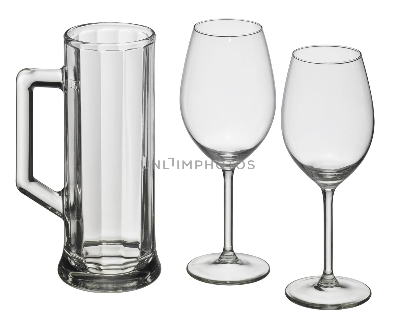 studio photography of a set of drinking glasses isolated on white with clipping path