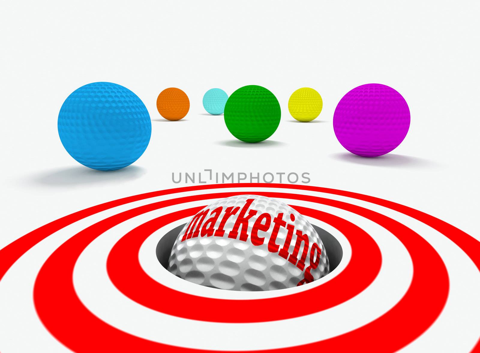 Conceptual 3d image of marketing with golf balls