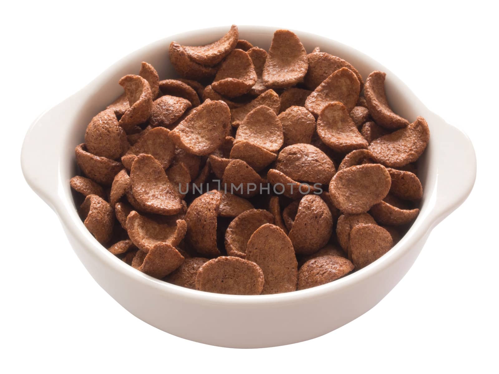 close up of a bowl of chocolate cereal isolated on white