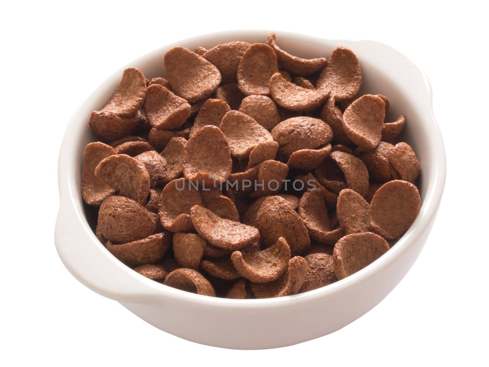 close up of a bowl of chocolate cereal isolated on white