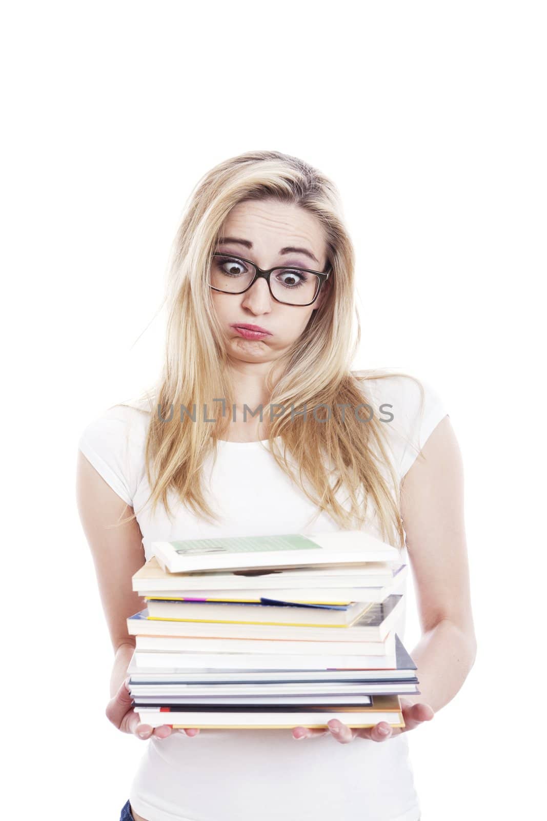 young woman with a lot of books isolated on white