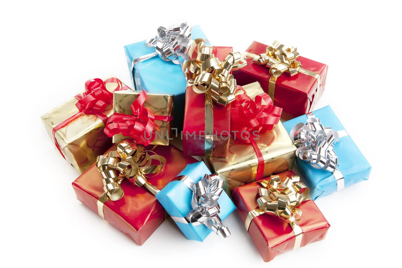 colorfull gift present with shiny ribbons isolated on white background