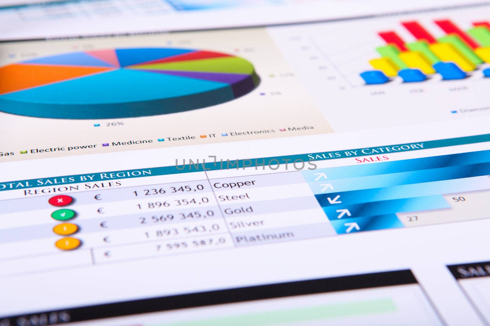 Financial paper charts and graphs on the table