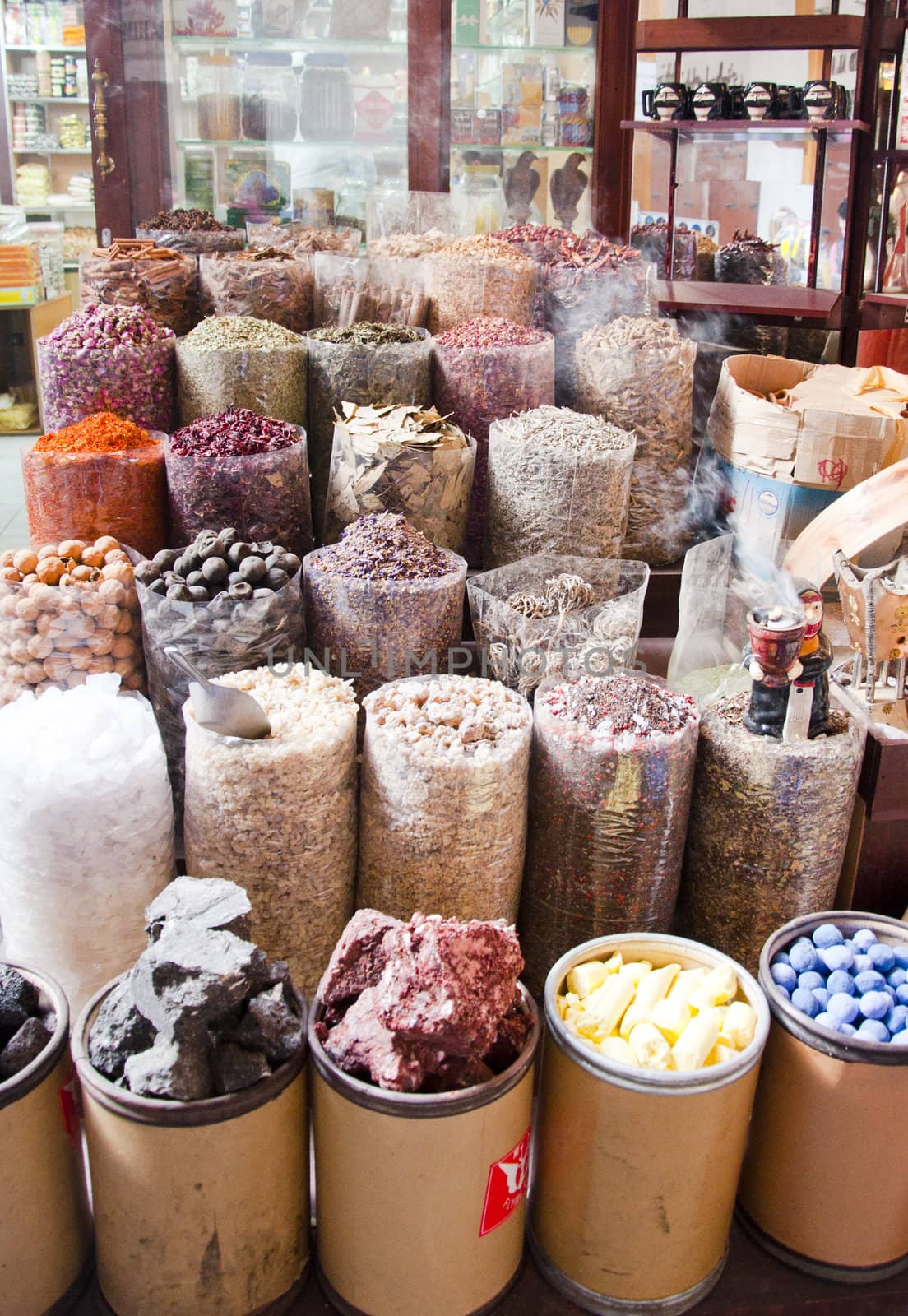 Various sorts of spice sold at the souk in Dubai, UAE