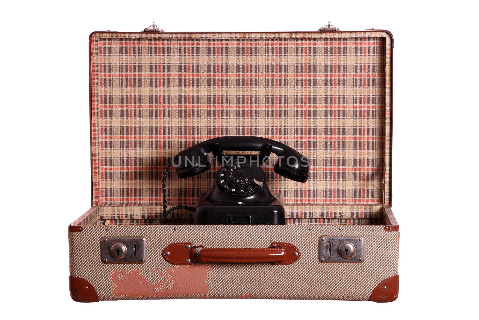 old suitcase with aged phone