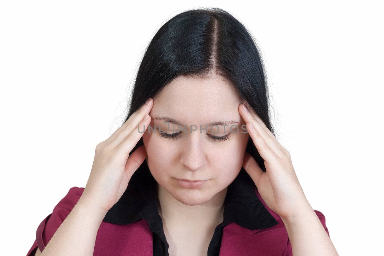 young business woman with splitting headache / having stress - isolated on white background