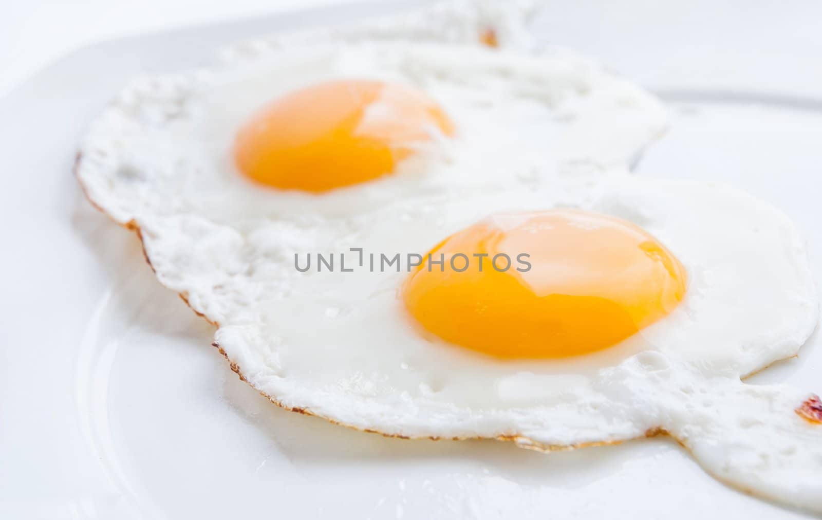 Clouse up double fried egg on the white plate