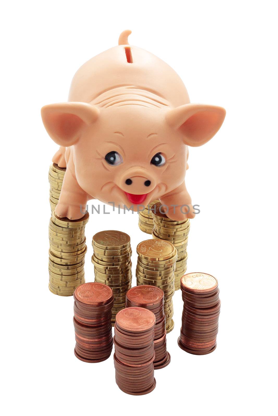 piggy bank with Porky form of foot on columns of coins cut and isolated