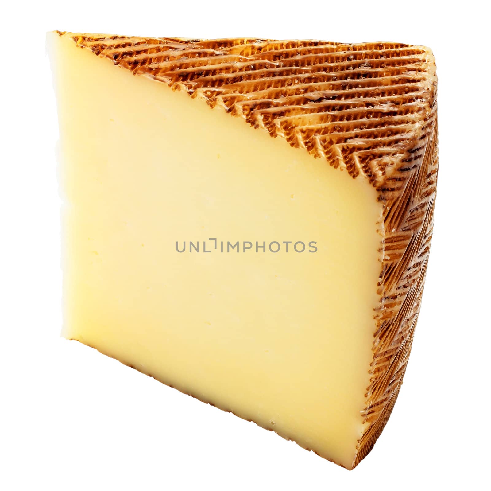 appetising portion of cheese wedge shaped cut off and isolated