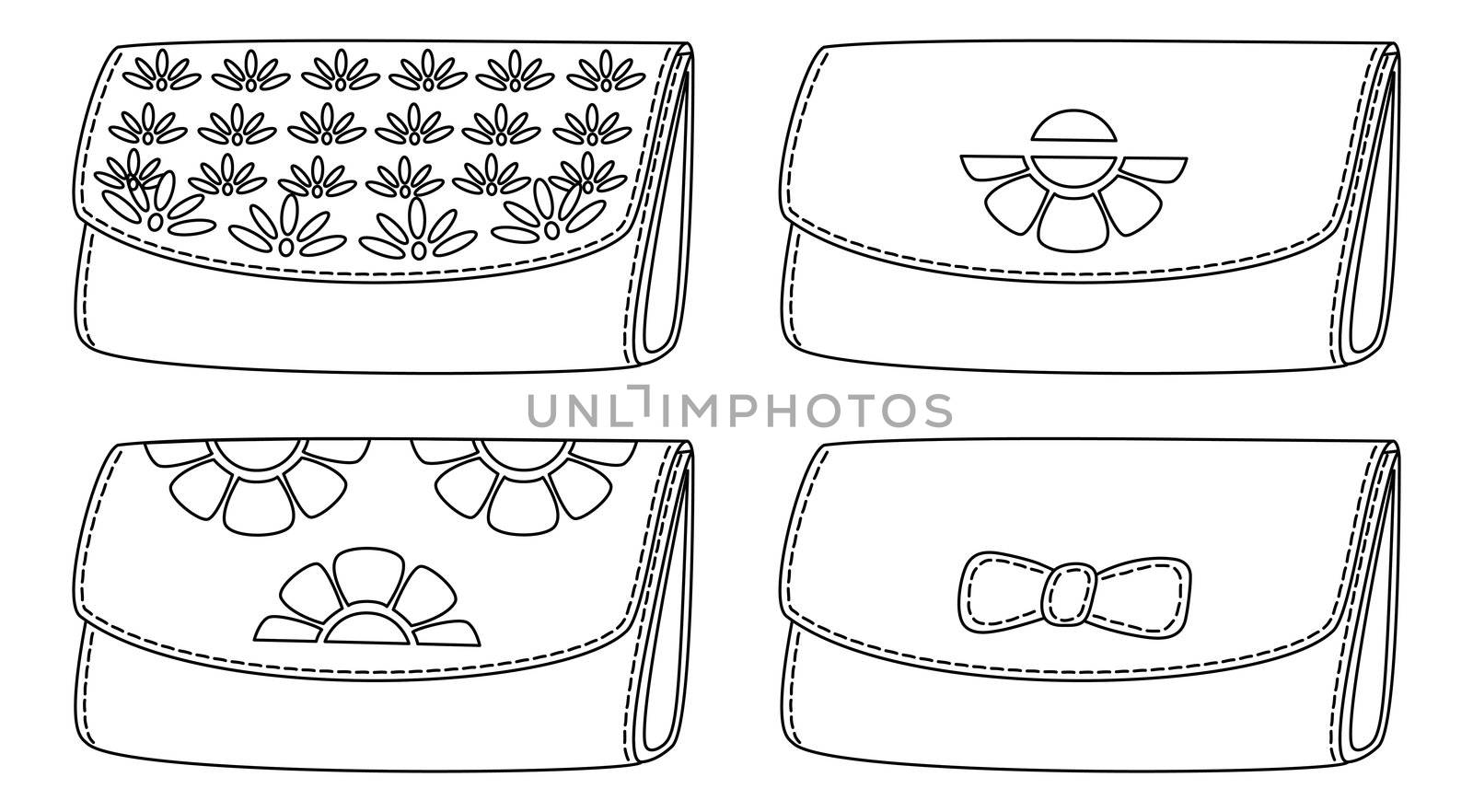 Set stylish leather wallets for money with floral pattern, black contour on white background