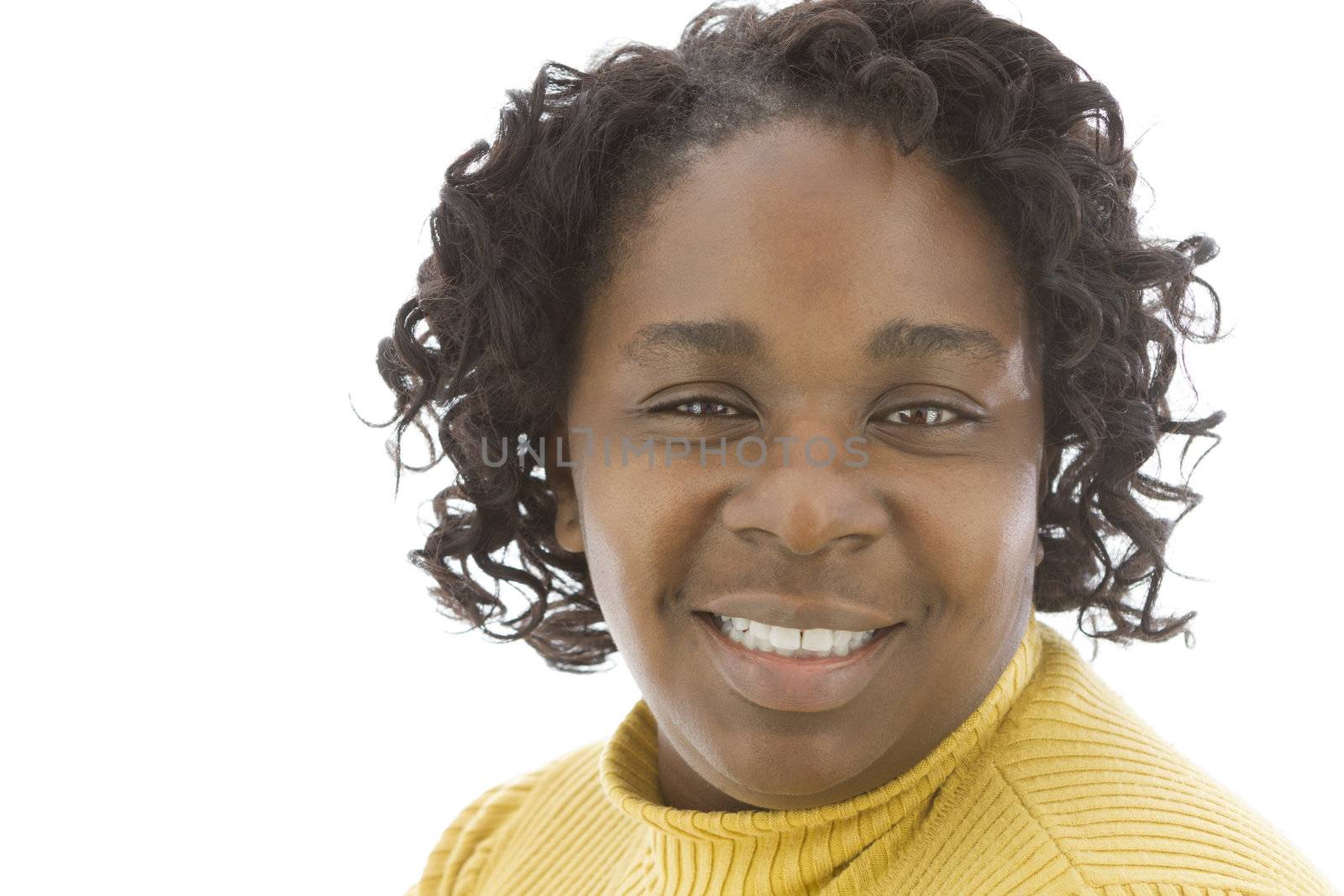 African American lady looking at camera with satisfied smile. Close up portrait.