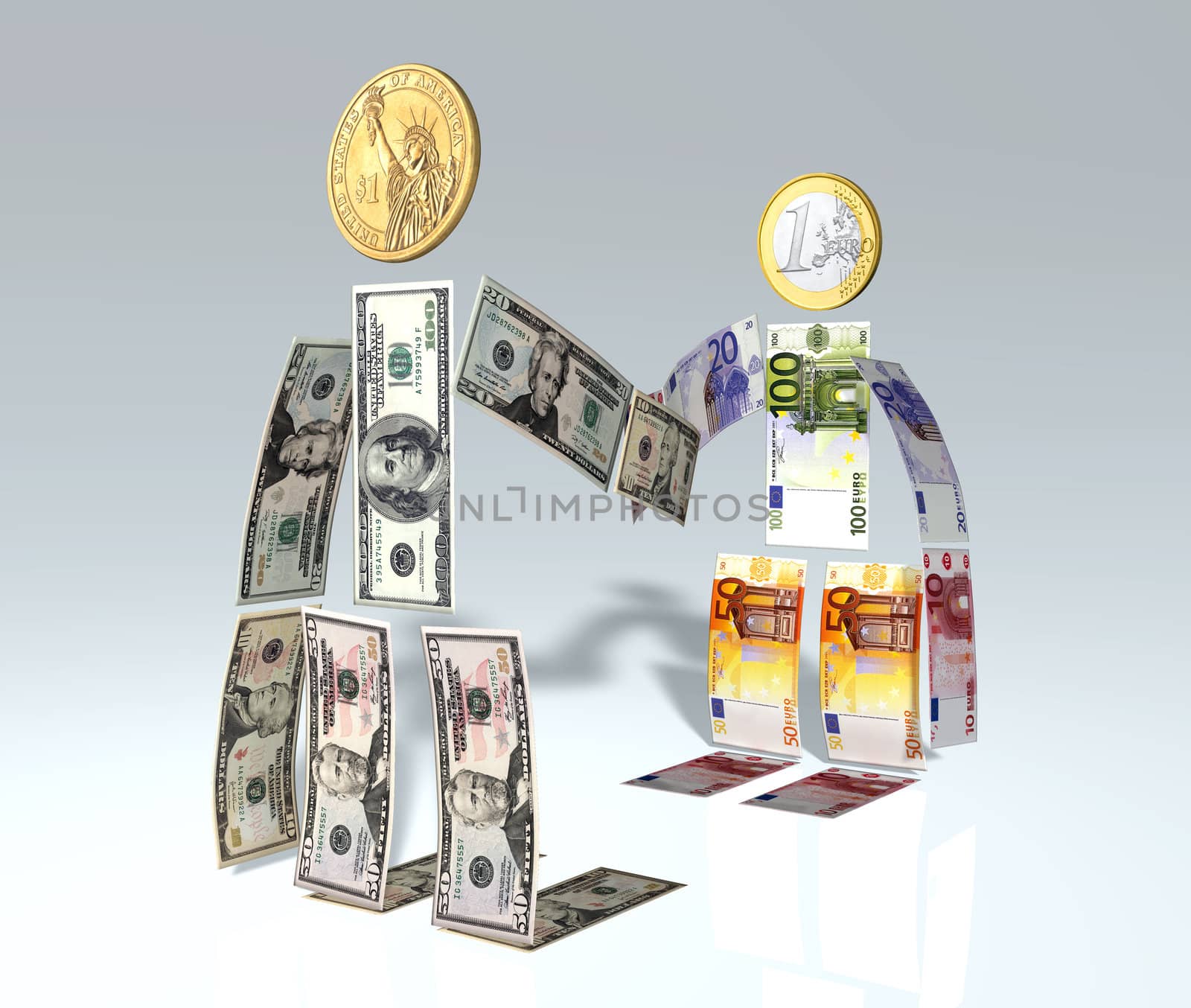 a man made of u.s. dollar banknotes and coin is shaking hands with another man made of euro banknotes and coin
