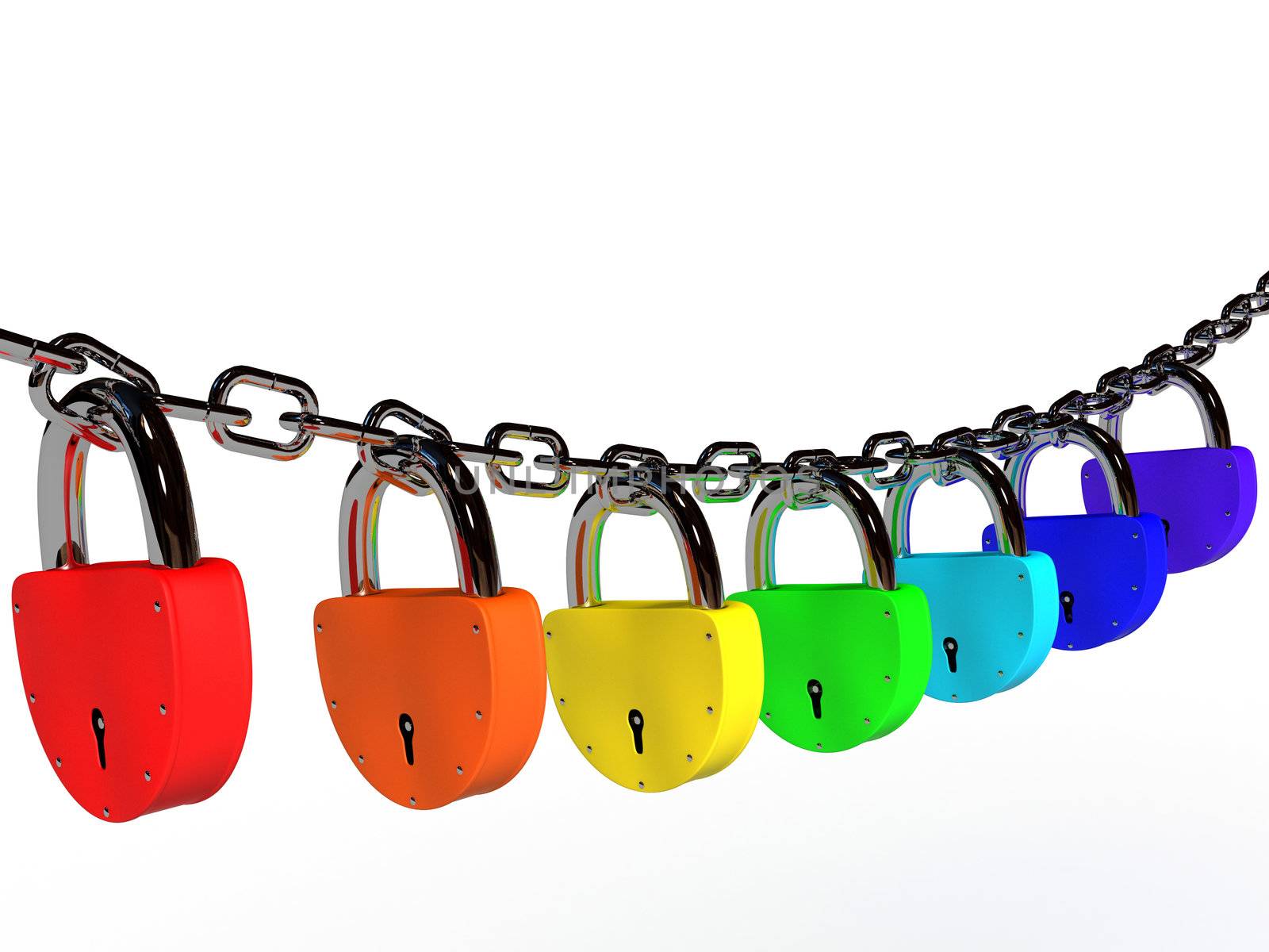 Some colored locks hanging on a chain