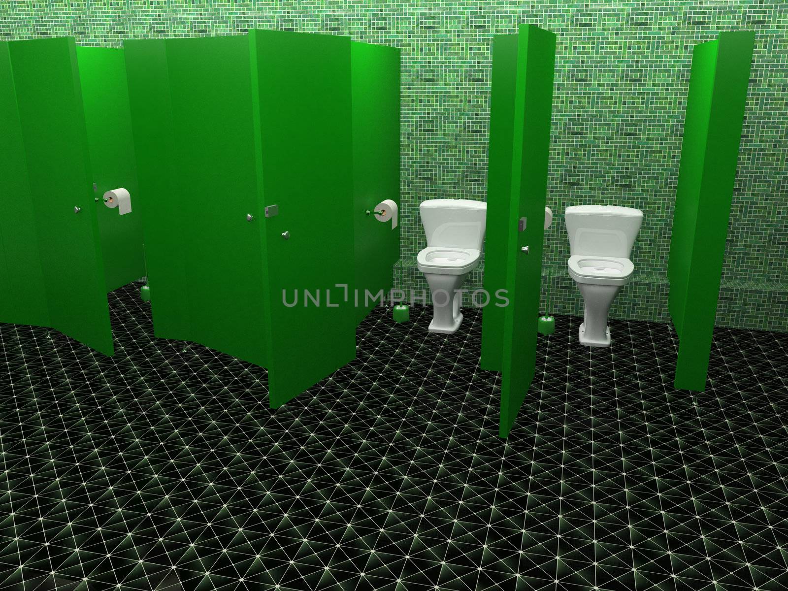 Interior of a public restroom with a green tiles