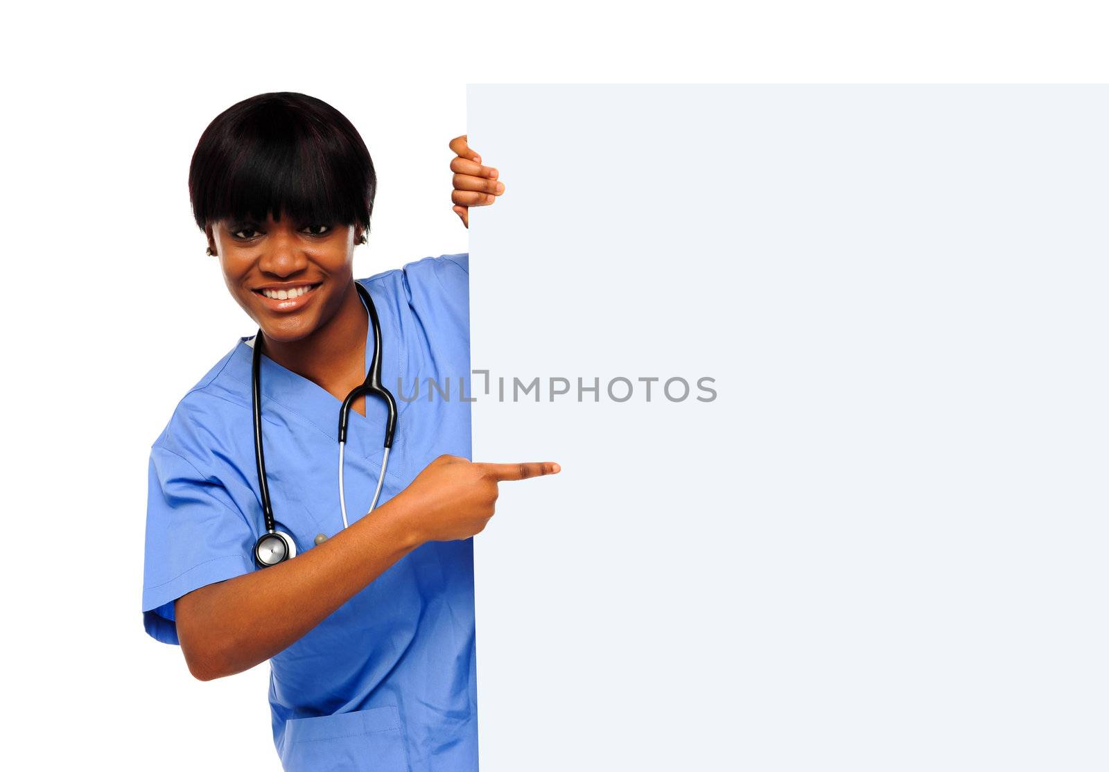 Medical expert pointing towards placard. All on white background