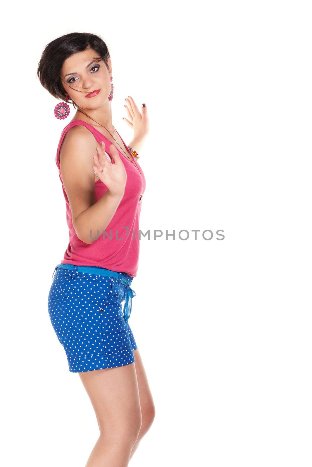 Mime dancing by a girl on a white background