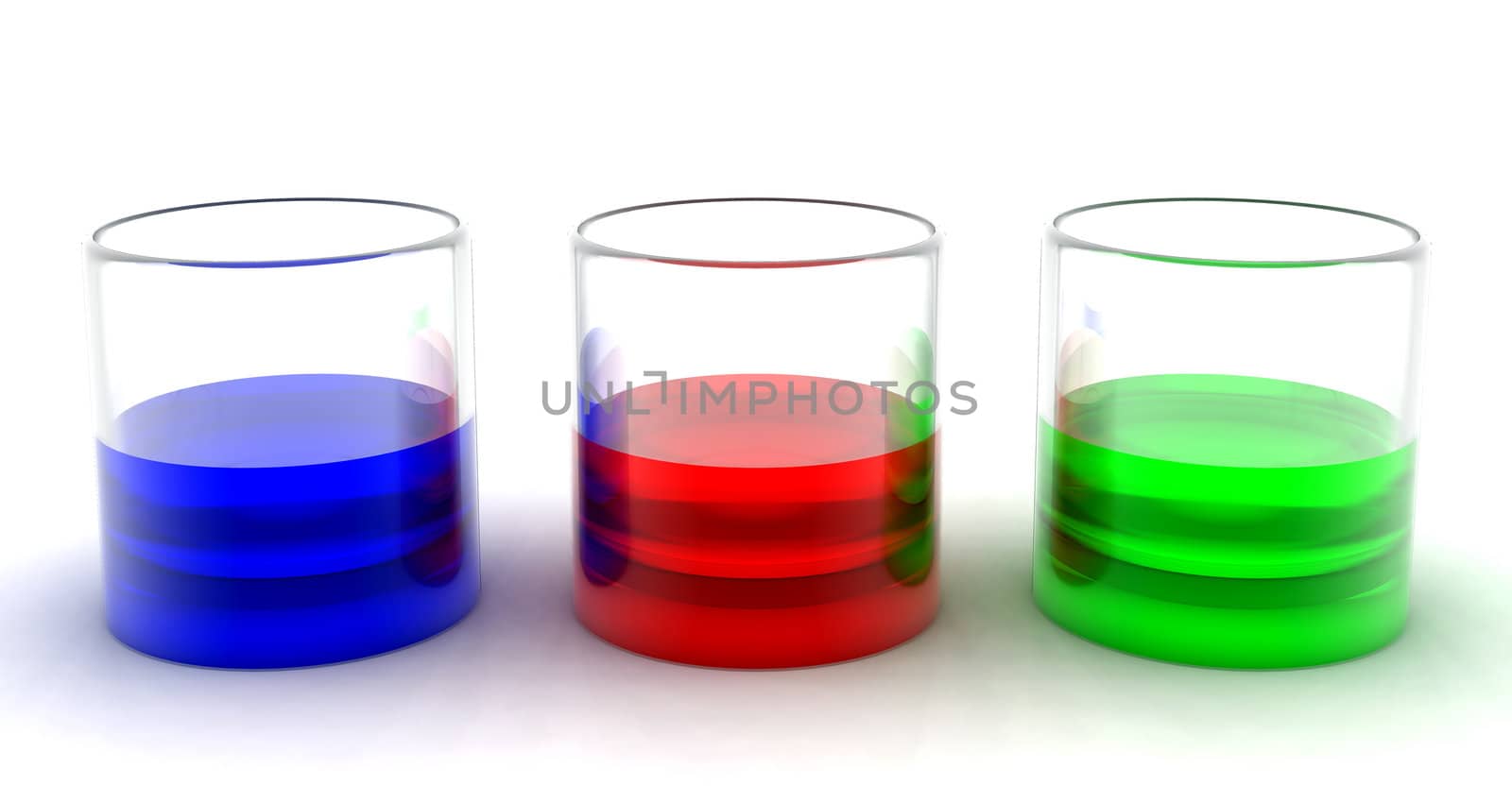 multicoloured drinks in transparent glasses on a white background