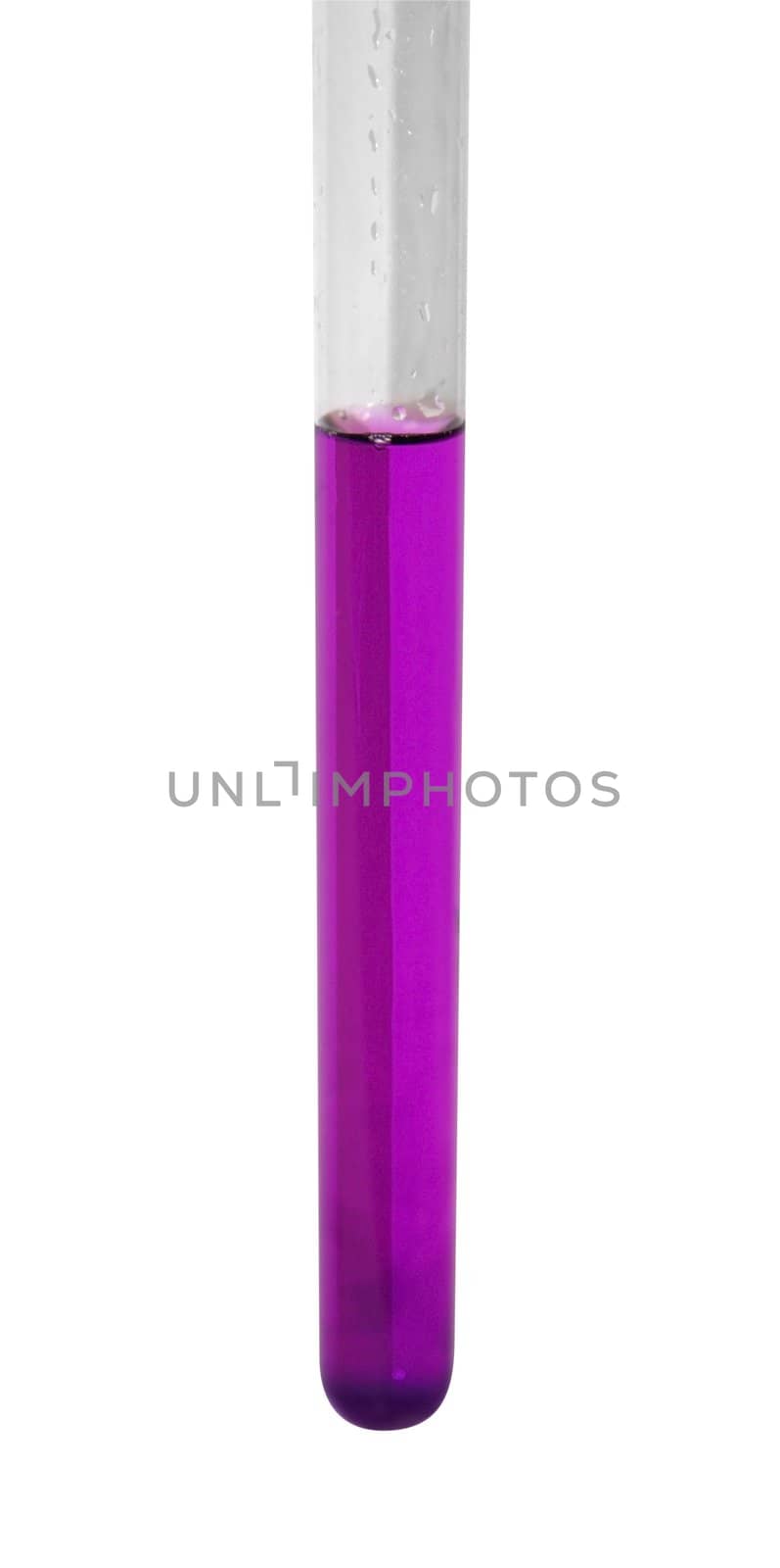 studio photography of a test glass filled with a dilution of potassium permanganate, isolated on white with clipping path