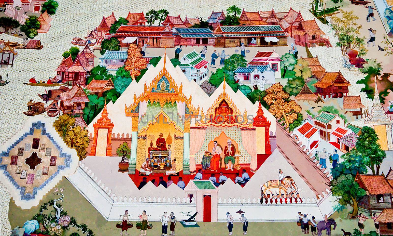 BANGKOK ,THAILAND - MAY 6 : Ancient  painting on monastery wall in Buddhist temple on May 6, 2012 in Bangkok, Thailand. Ancient painting showing the cultural life of Thai people in ancient times