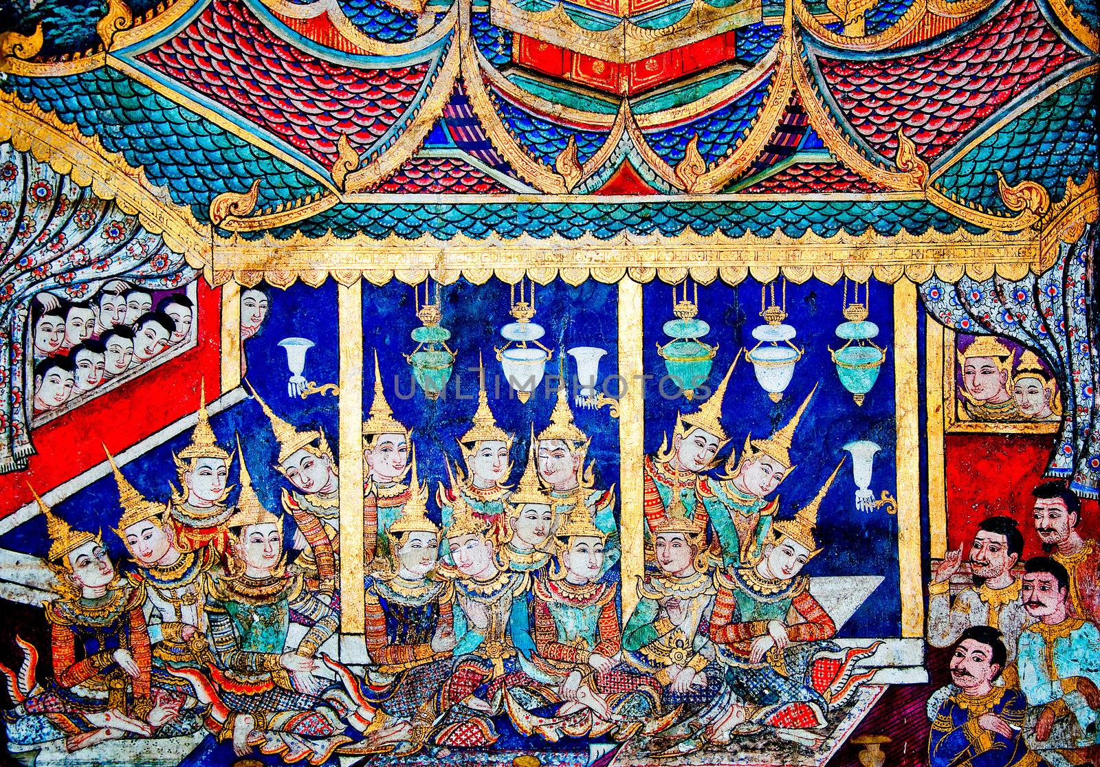 CHIANGMAI ,THAILAND - JANUARY 25 : Ancient  painting on monastery wall in Buddhist temple on january 25, 2012 in chiangmai, Thailand. Ancient painting showing the cultural life of Thai people in ancient times