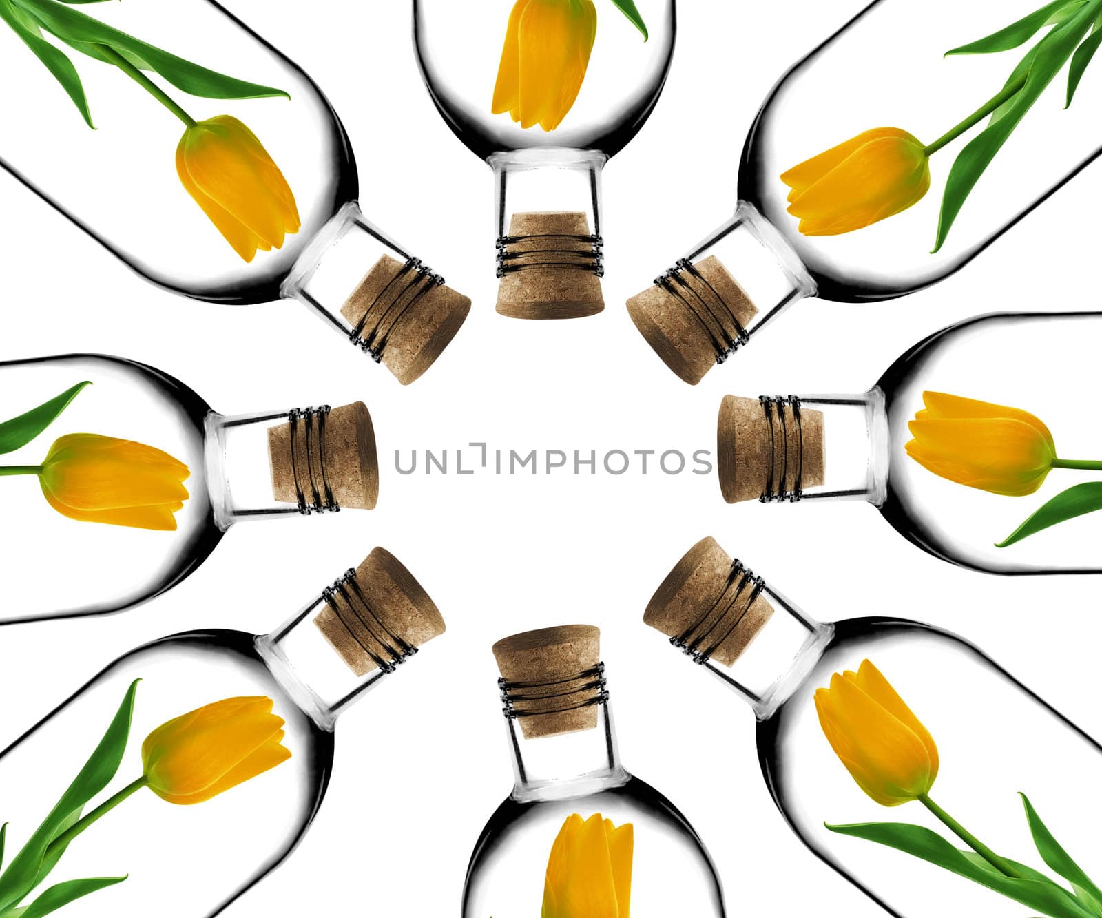 Tulips inside Glass bottles with cork.