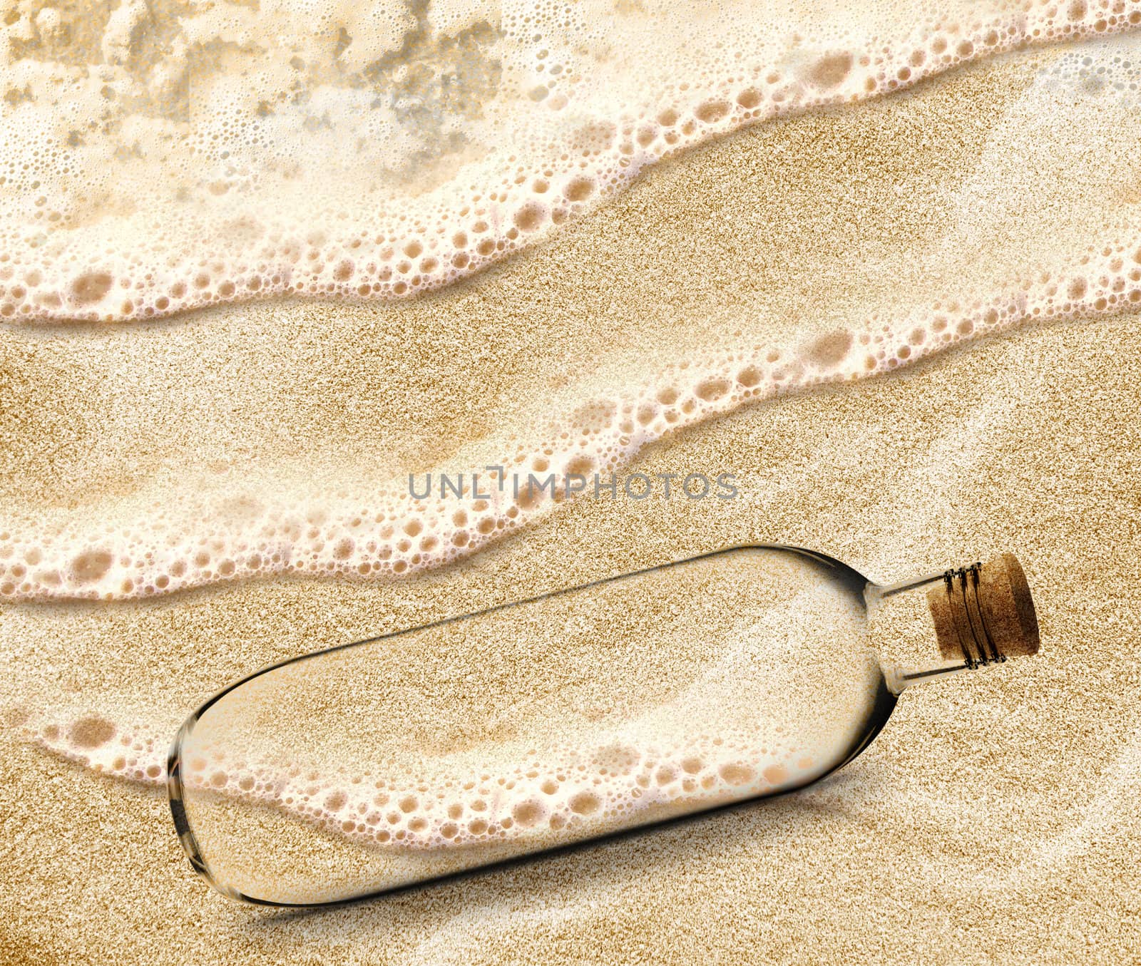 empty Bottle in the beach sand with copy space to add your message inside the Bottle.
