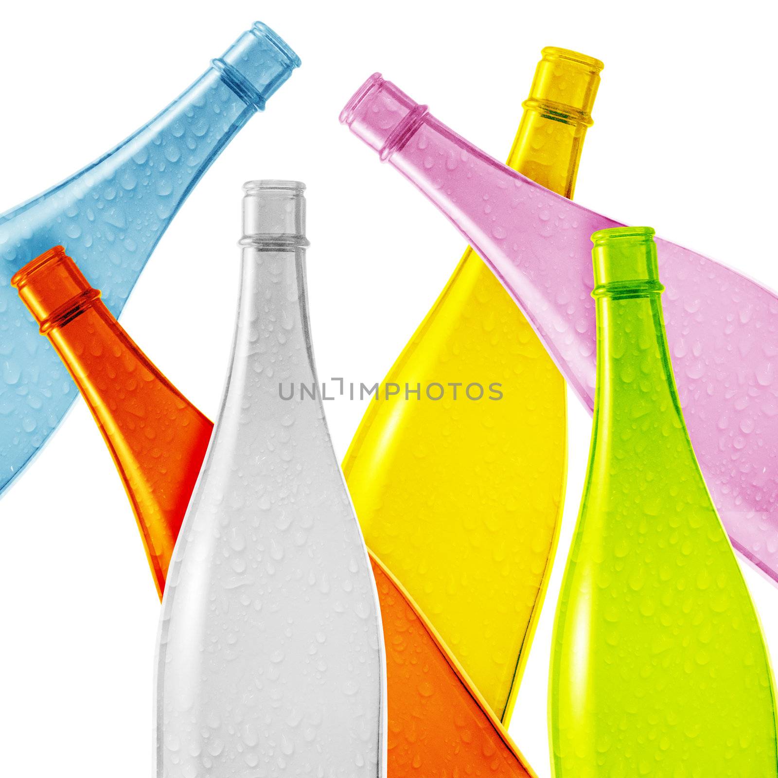 Set of colored empty glass bottles background.