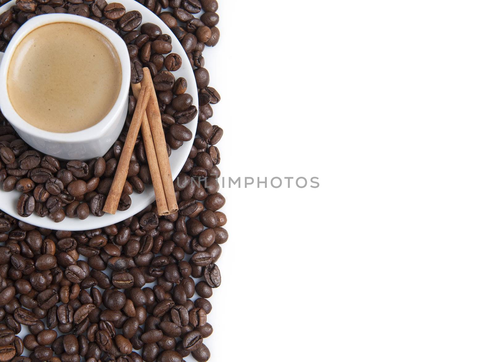 Still life about coffee with a delicious  espresso and some coffee beans and cinnamon.