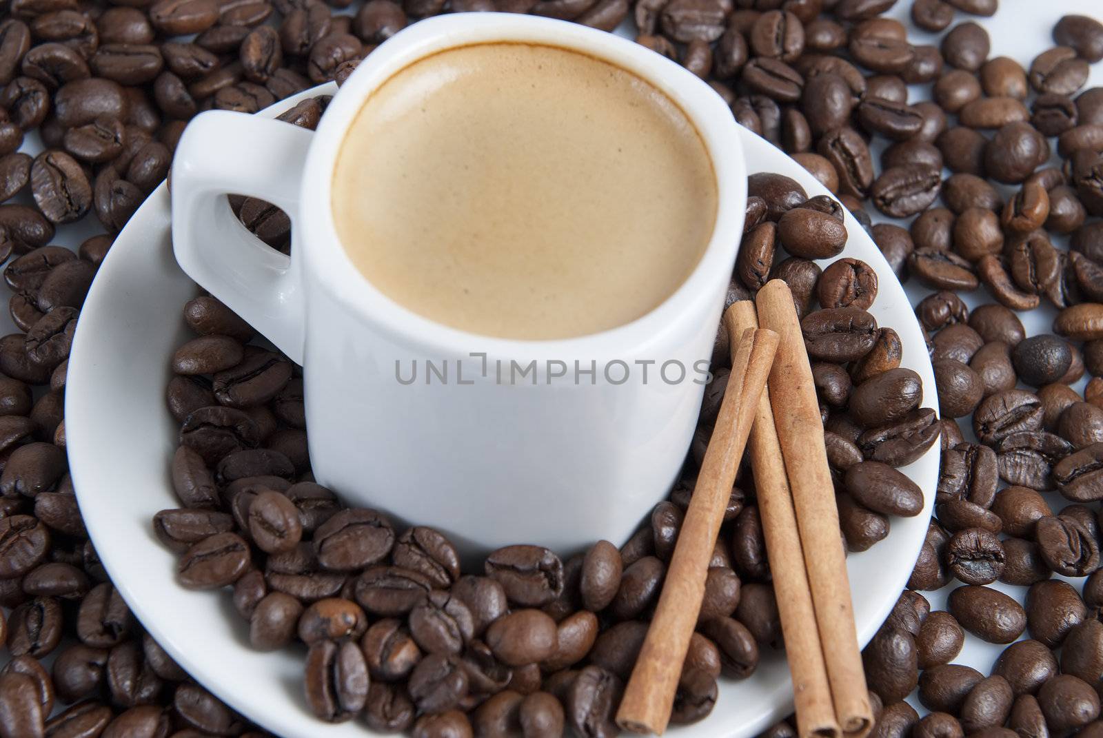 Still life about coffee with a delicious  espresso and some coffee beans and cinnamon.