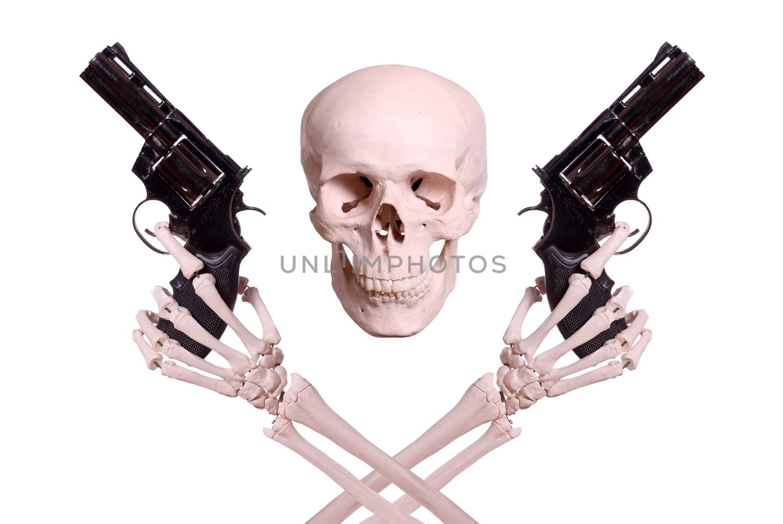 skull with two skeleton hands holding guns