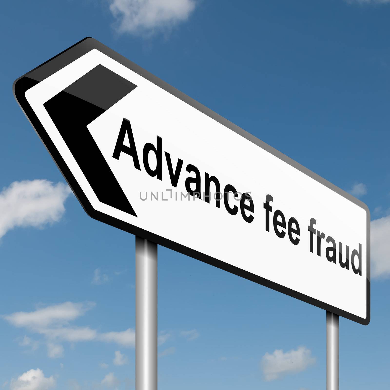 Illustration depicting a road traffic sign with an advance fee fraud concept. Blue sky background.