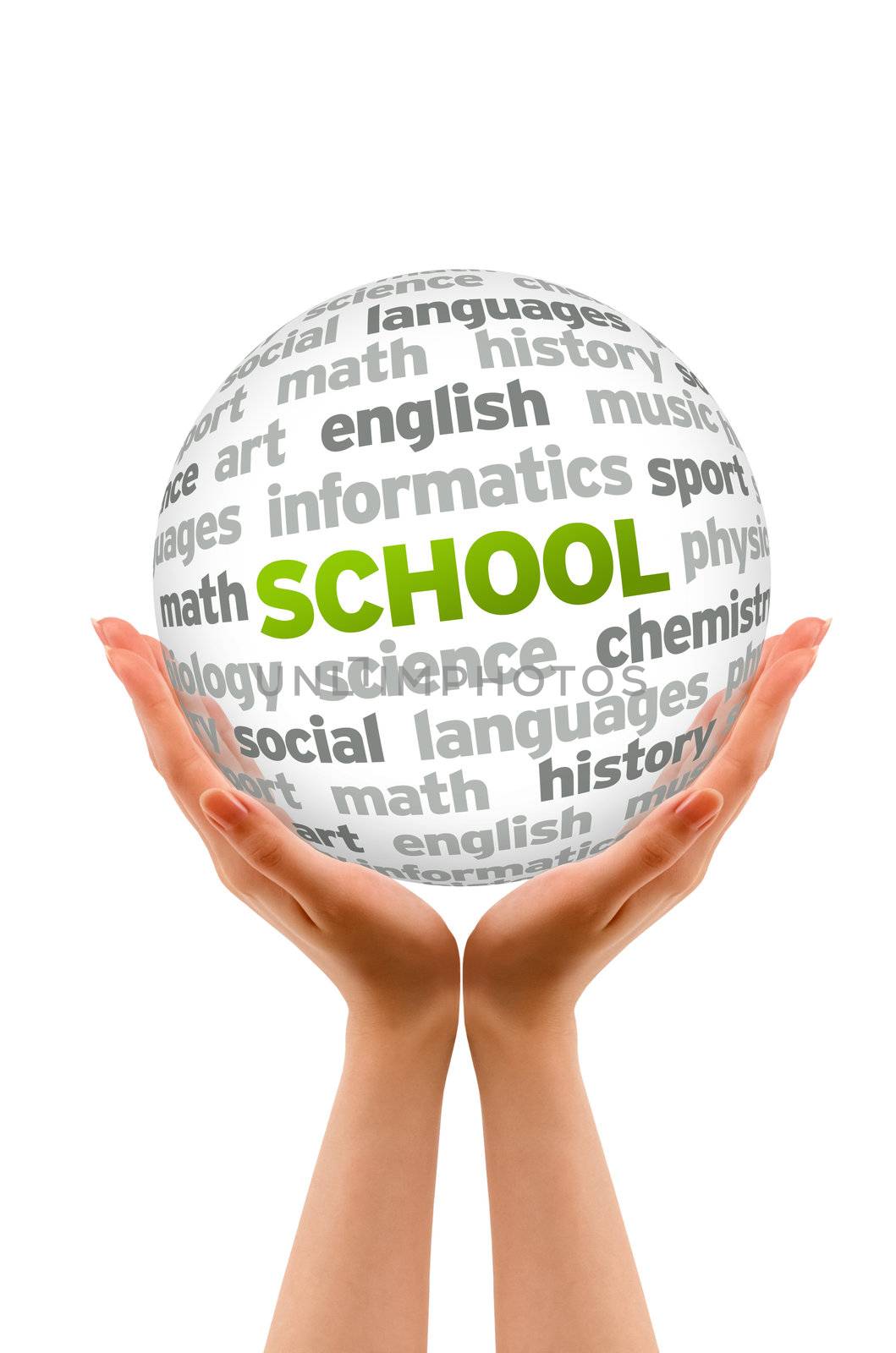 Hands holding a School Word Sphere on white background.