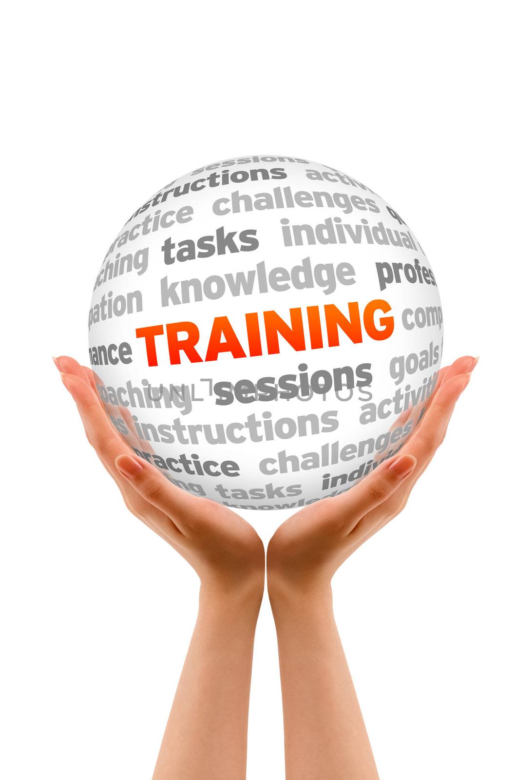 Hands holding a Training Sphere sign on white background.