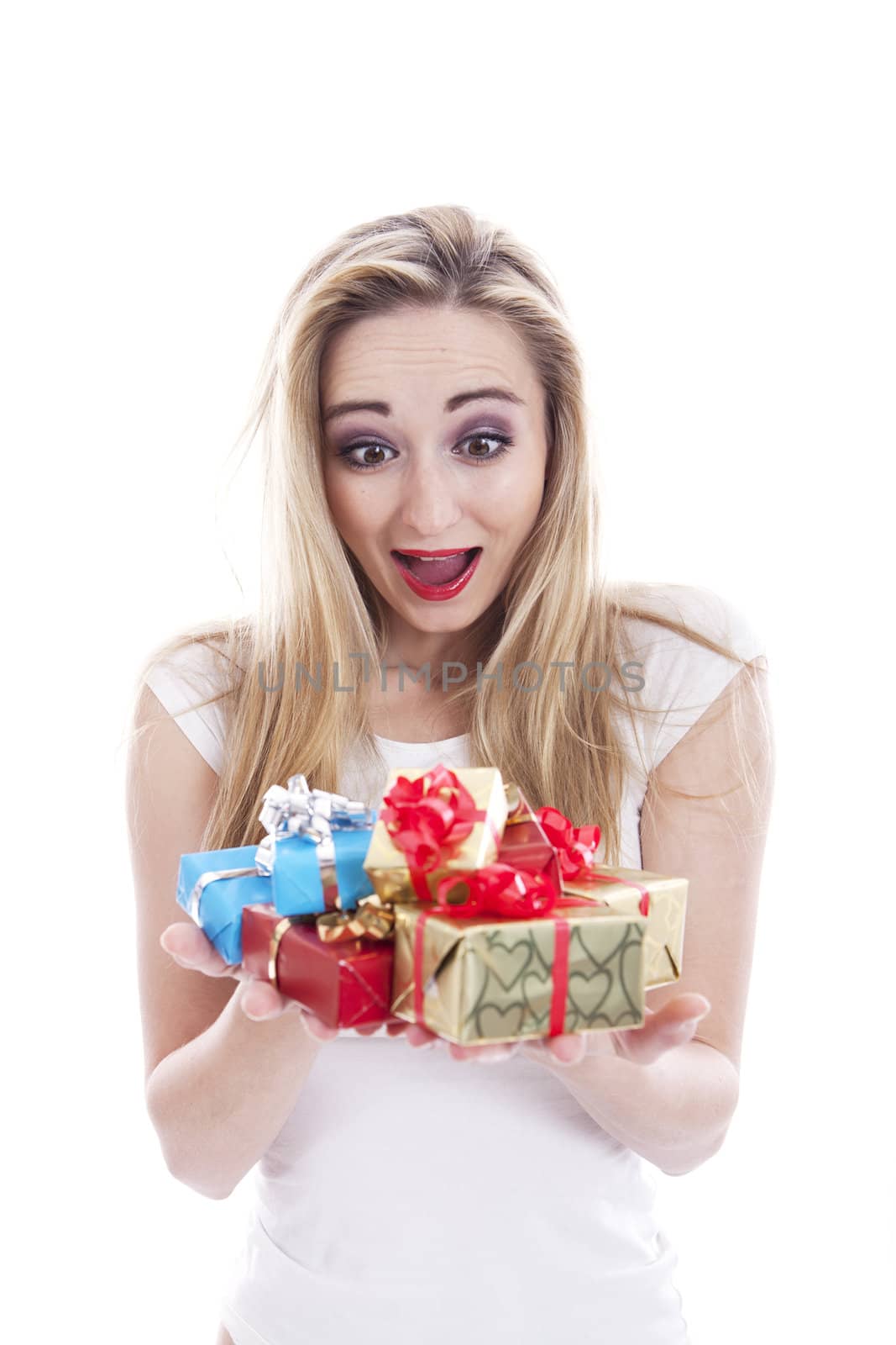 beautyful happy blond woman with present isolated celebration 