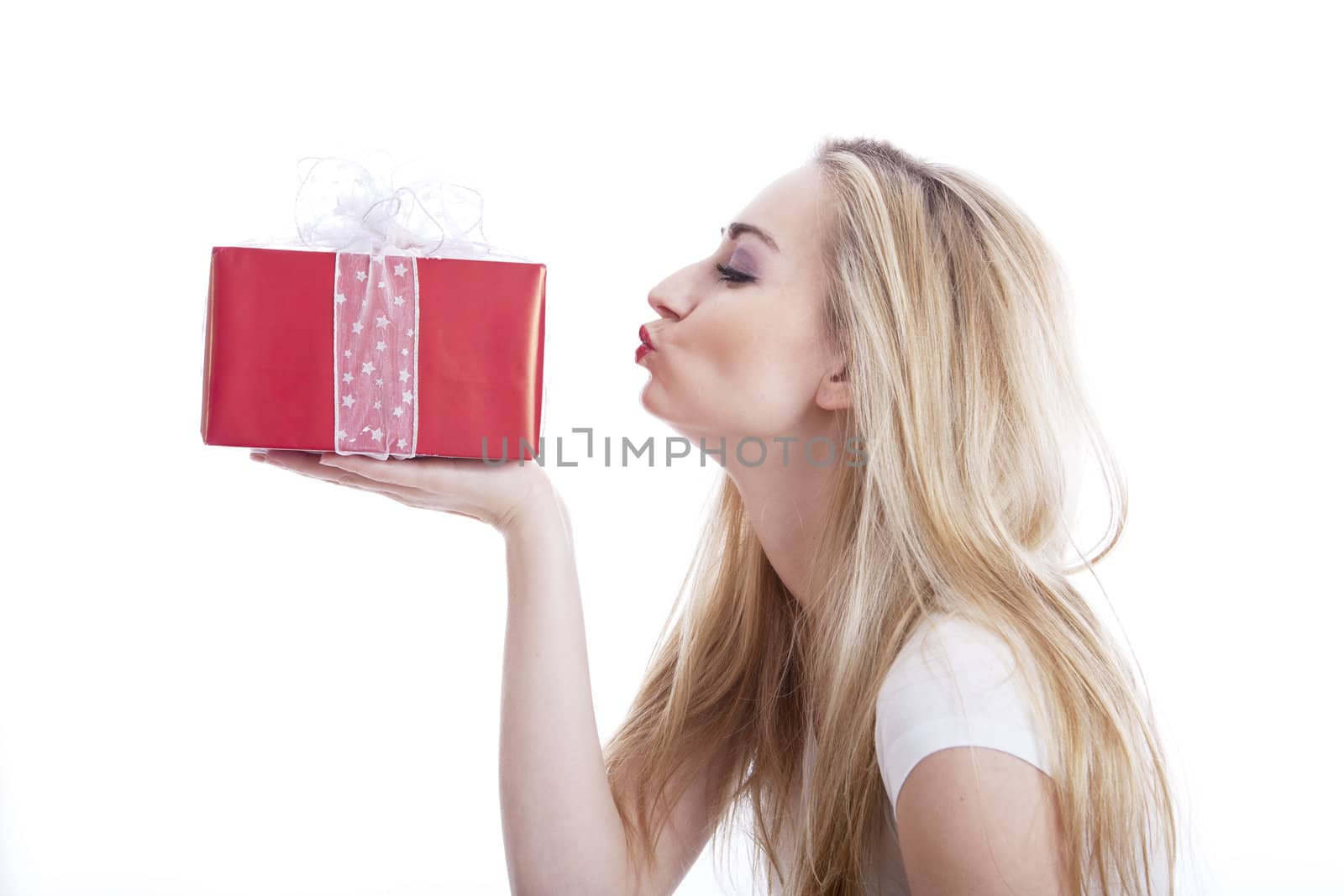 beautyful happy blond woman with present isolated by juniart