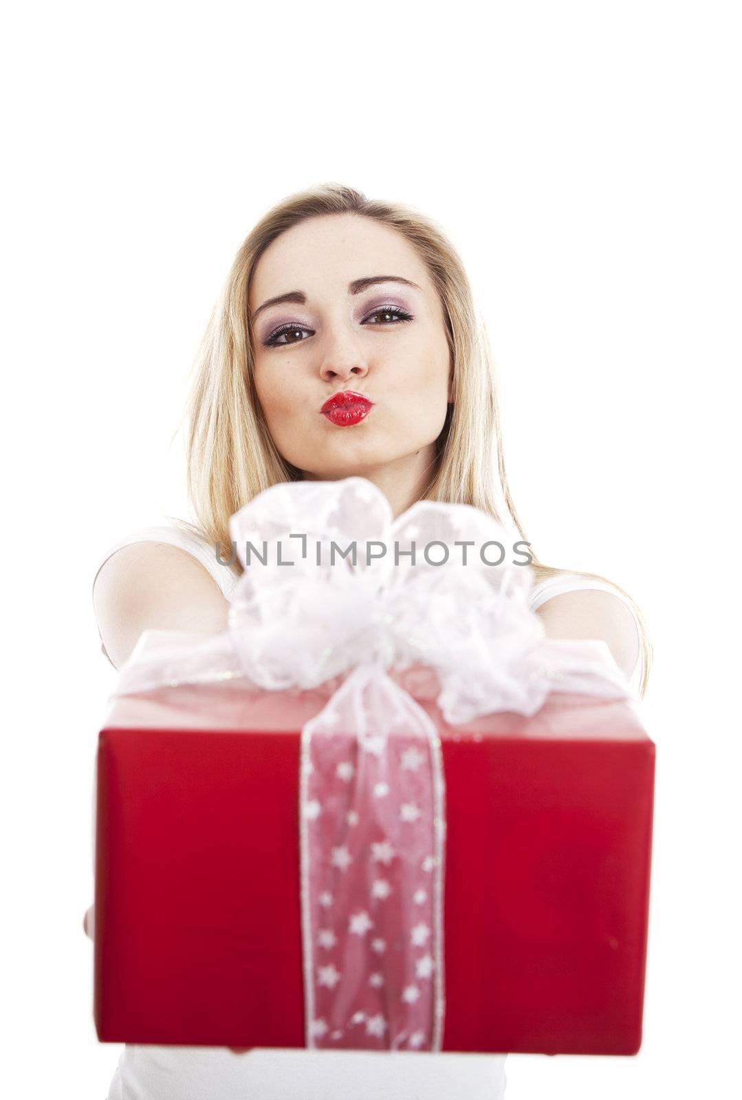 beautyful happy blond woman with present isolated celebration 