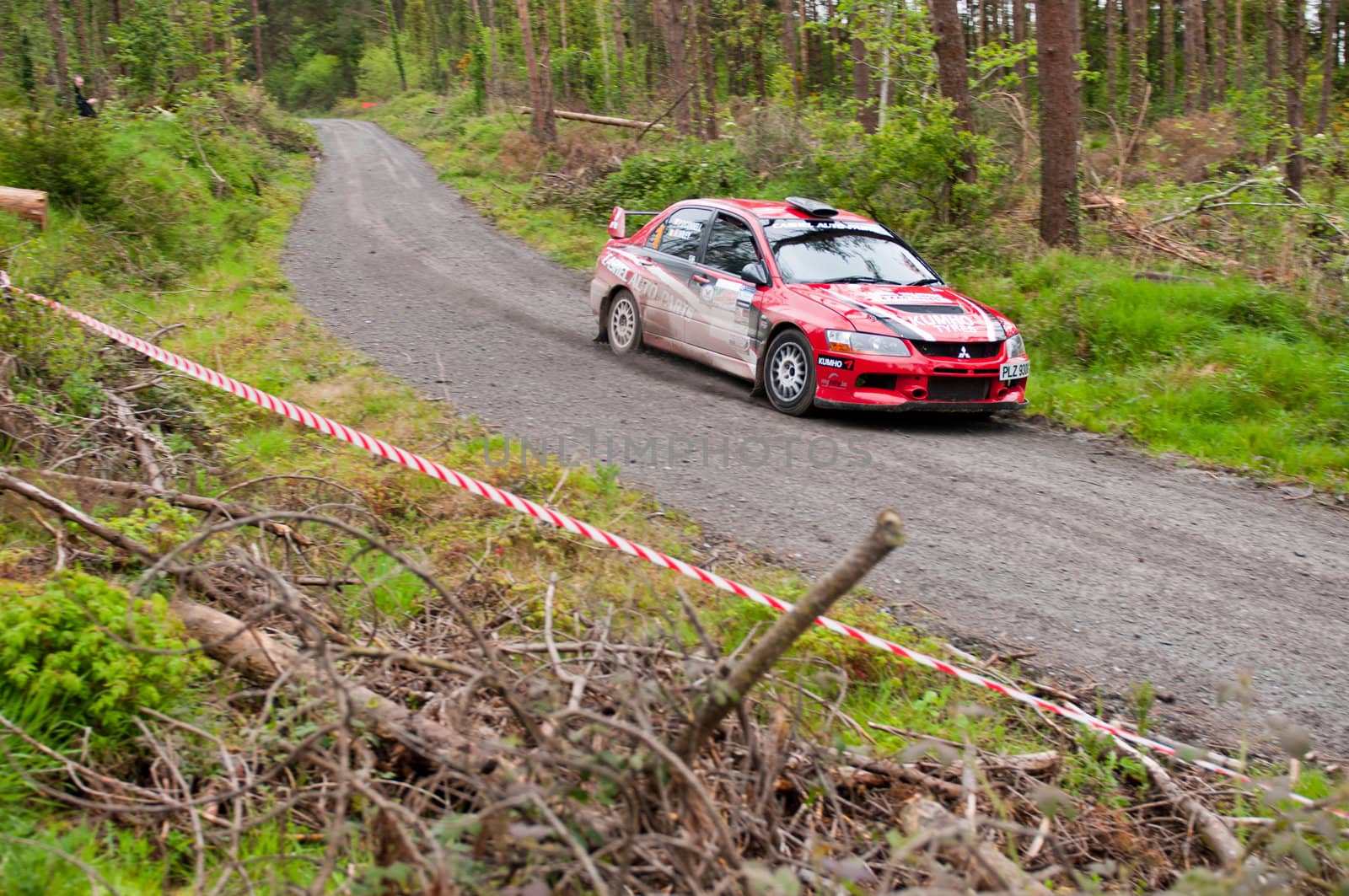 MALLOW, IRELAND - MAY 19: P. O' Connell driving Mitsubishi Evo at the Jim Walsh Cork Forest Rally on May 19, 2012 in Mallow, Ireland. 4th round of the Valvoline National Forest Rally Championship.