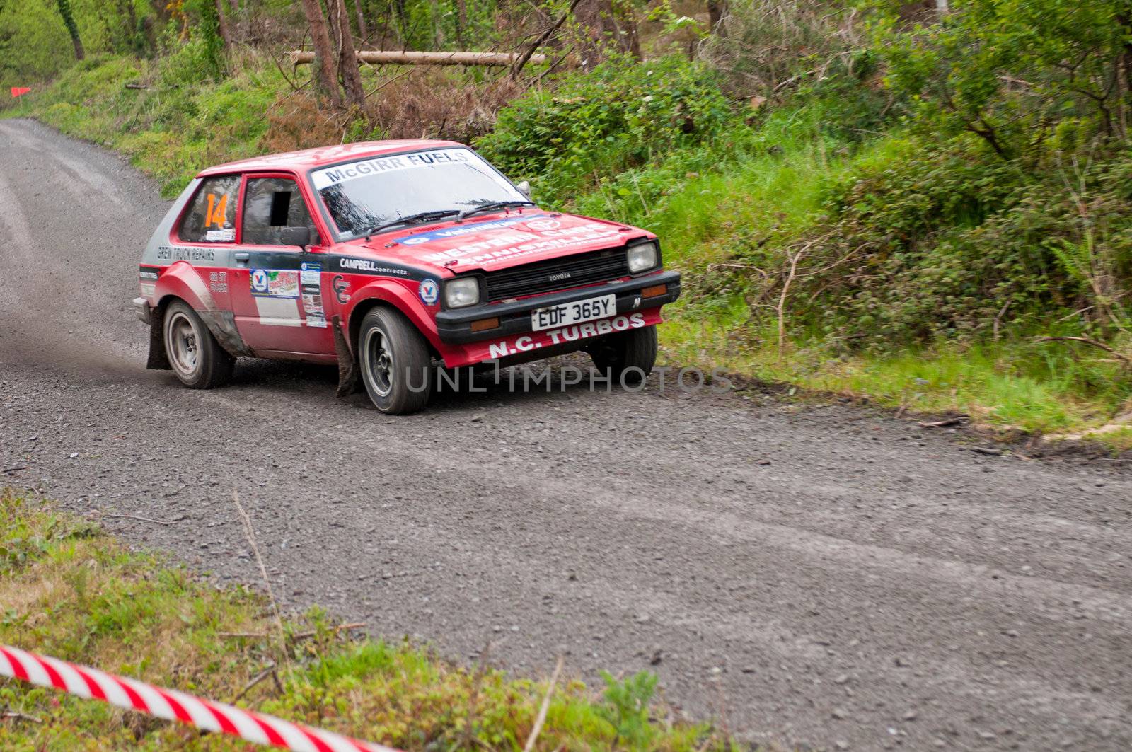 MALLOW, IRELAND - MAY 19: S. Mcgirr driving Toyota Starlet at the Jim Walsh Cork Forest Rally on May 19, 2012 in Mallow, Ireland. 4th round of the Valvoline National Forest Rally Championship.