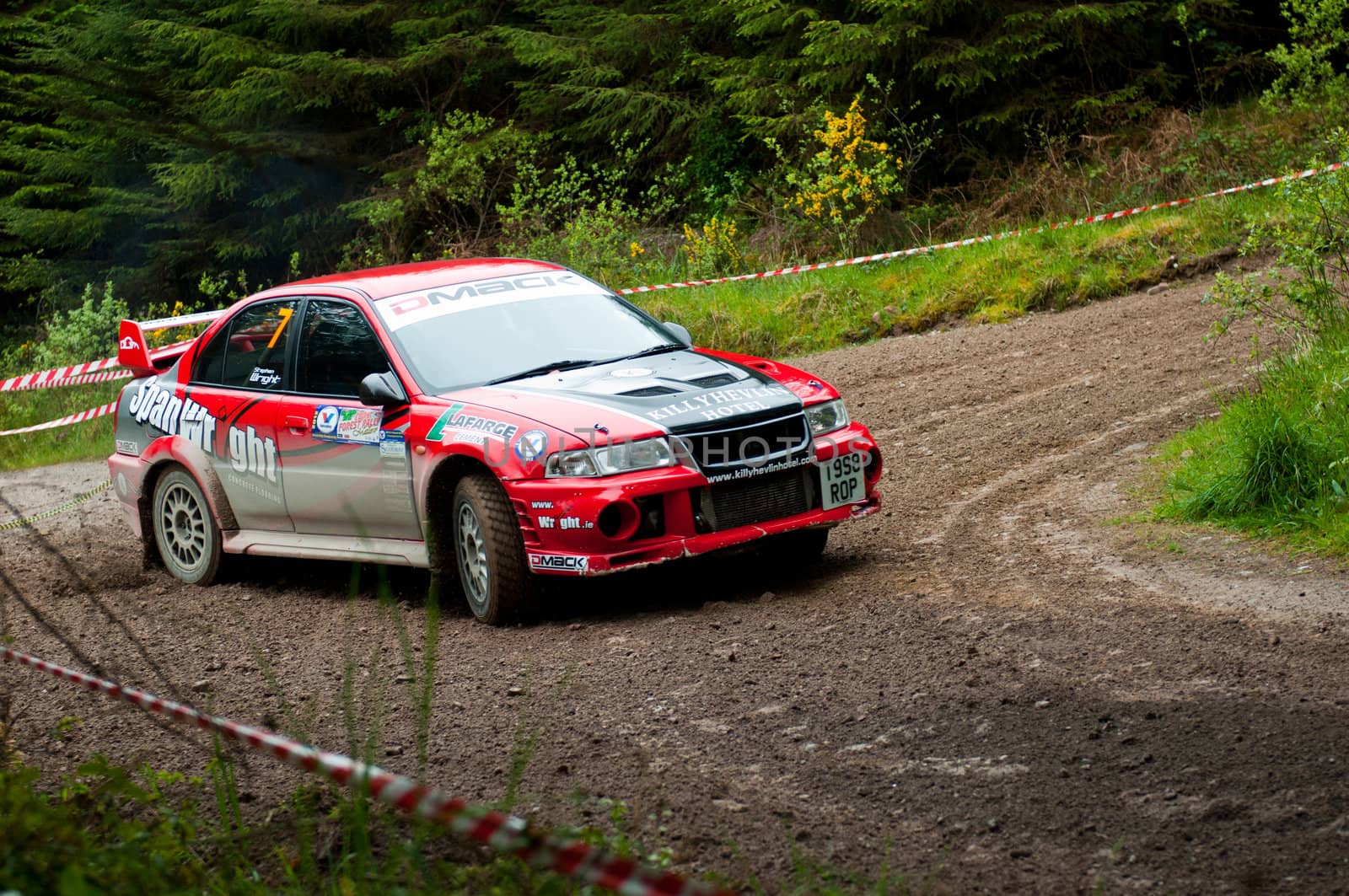 MALLOW, IRELAND - MAY 19: S. Wright driving Mitsubishi Evo at the Jim Walsh Cork Forest Rally on May 19, 2012 in Mallow, Ireland. 4th round of the Valvoline National Forest Rally Championship.