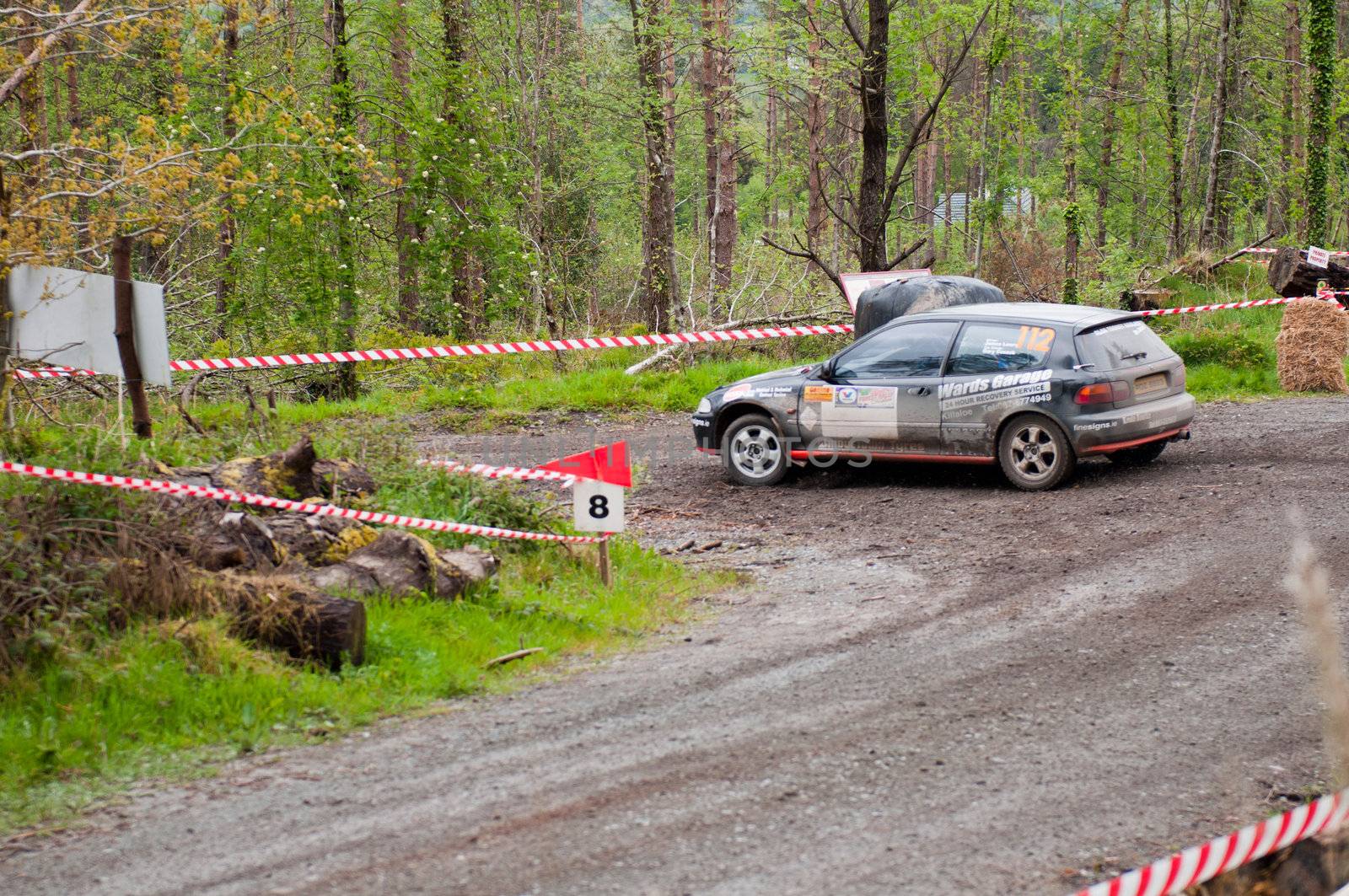 MALLOW, IRELAND - MAY 19: J. Lowery driving Honda Civic at the Jim Walsh Cork Forest Rally on May 19, 2012 in Mallow, Ireland. 4th round of the Valvoline National Forest Rally Championship.  