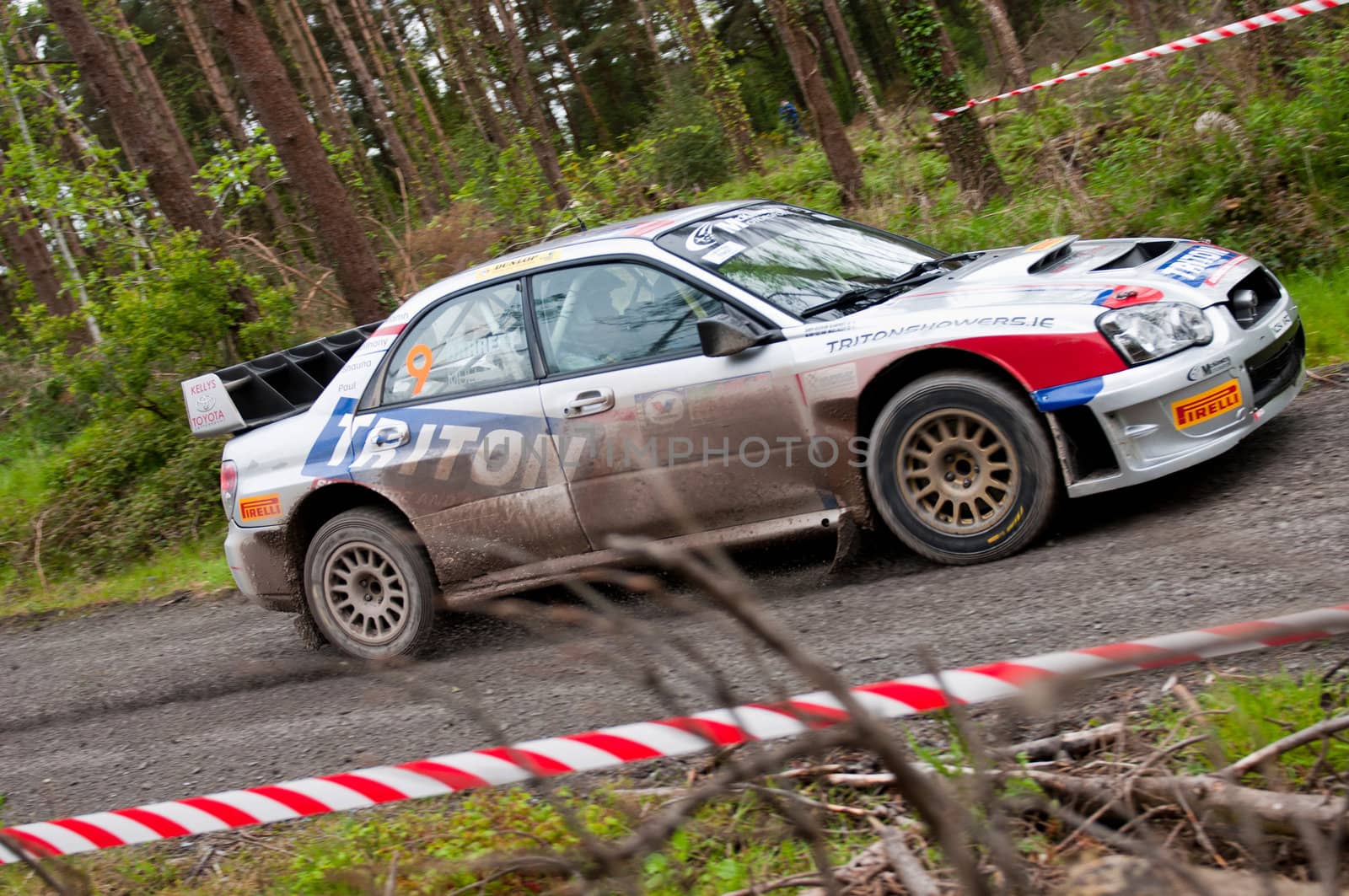 MALLOW, IRELAND - MAY 19: K. Barrett driving Subaru Impreza at the Jim Walsh Cork Forest Rally on May 19, 2012 in Mallow, Ireland. 4th round of the Valvoline National Forest Rally Championship.
