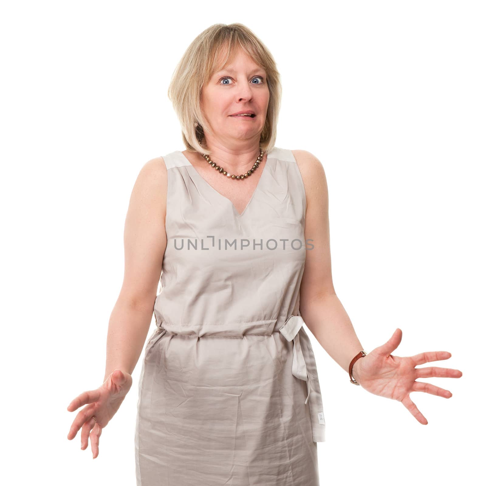 Attractive Woman with Scared Expression Holding Out Hands by scheriton
