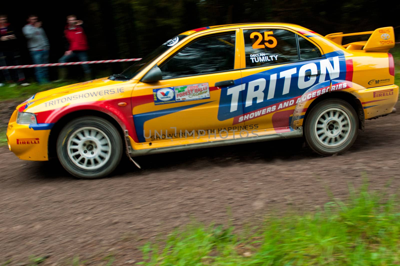 MALLOW, IRELAND - MAY 19: P. Barrett driving Mitsubishi Evo at the Jim Walsh Cork Forest Rally on May 19, 2012 in Mallow, Ireland. 4th round of the Valvoline National Forest Rally Championship.