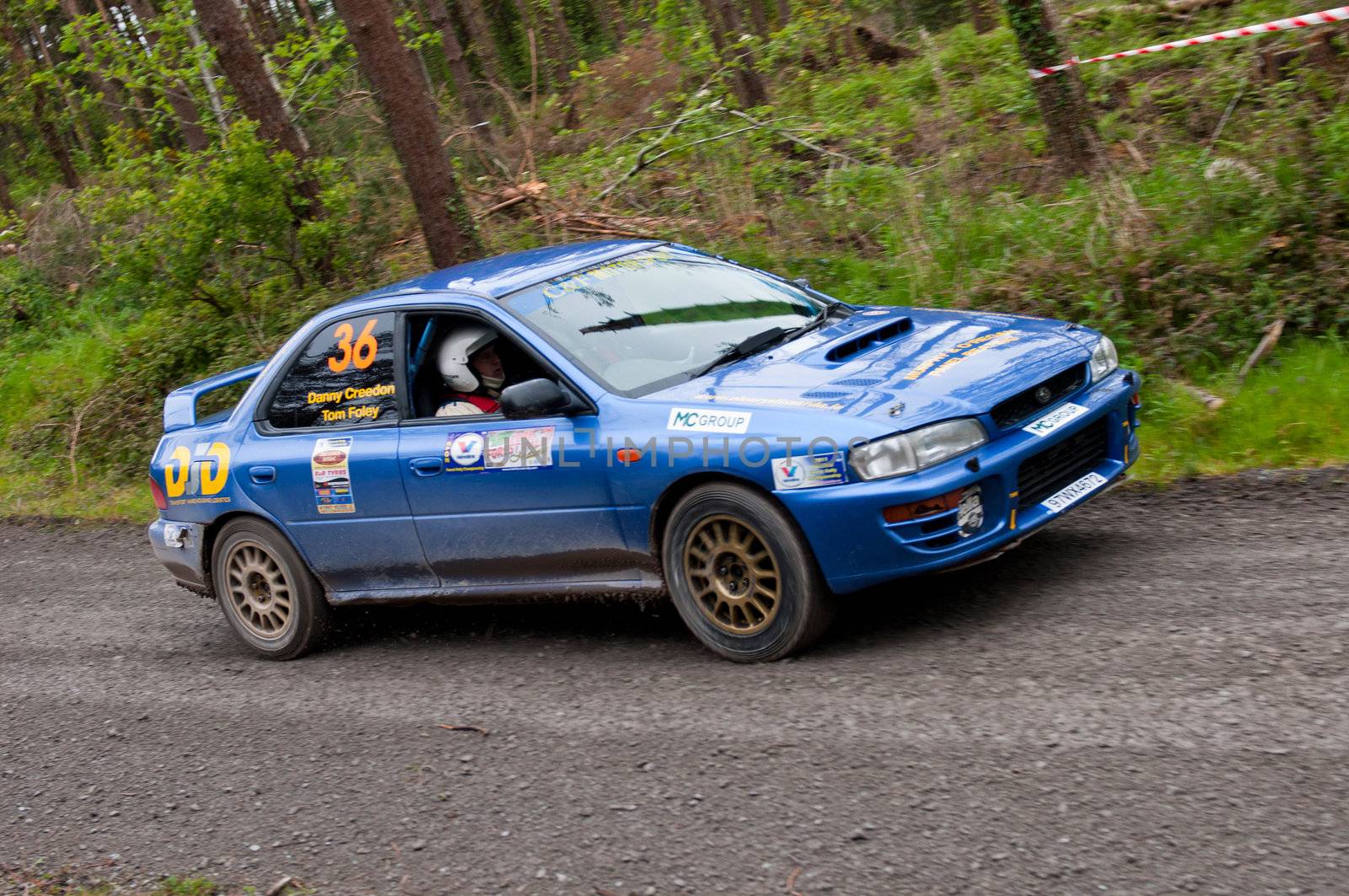 MALLOW, IRELAND - MAY 19: D. Creedon driving Subaru Impreza at the Jim Walsh Cork Forest Rally on May 19, 2012 in Mallow, Ireland. 4th round of the Valvoline National Forest Rally Championship.