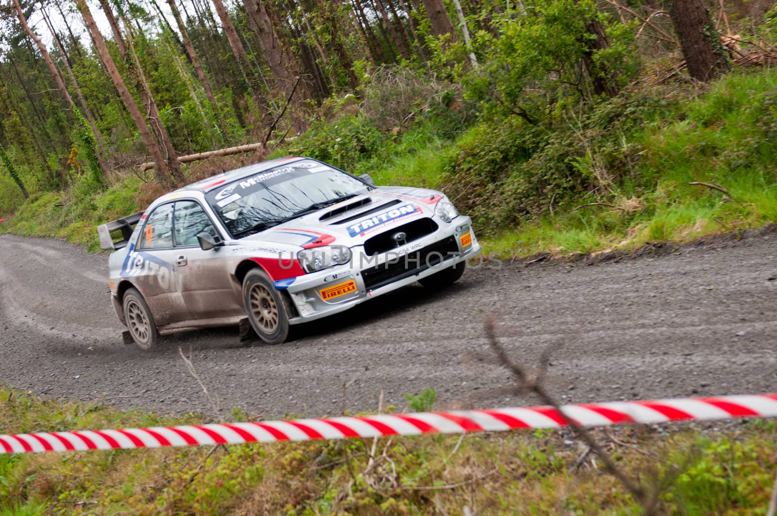 MALLOW, IRELAND - MAY 19: K. Barrett driving Subaru Impreza at the Jim Walsh Cork Forest Rally on May 19, 2012 in Mallow, Ireland. 4th round of the Valvoline National Forest Rally Championship.