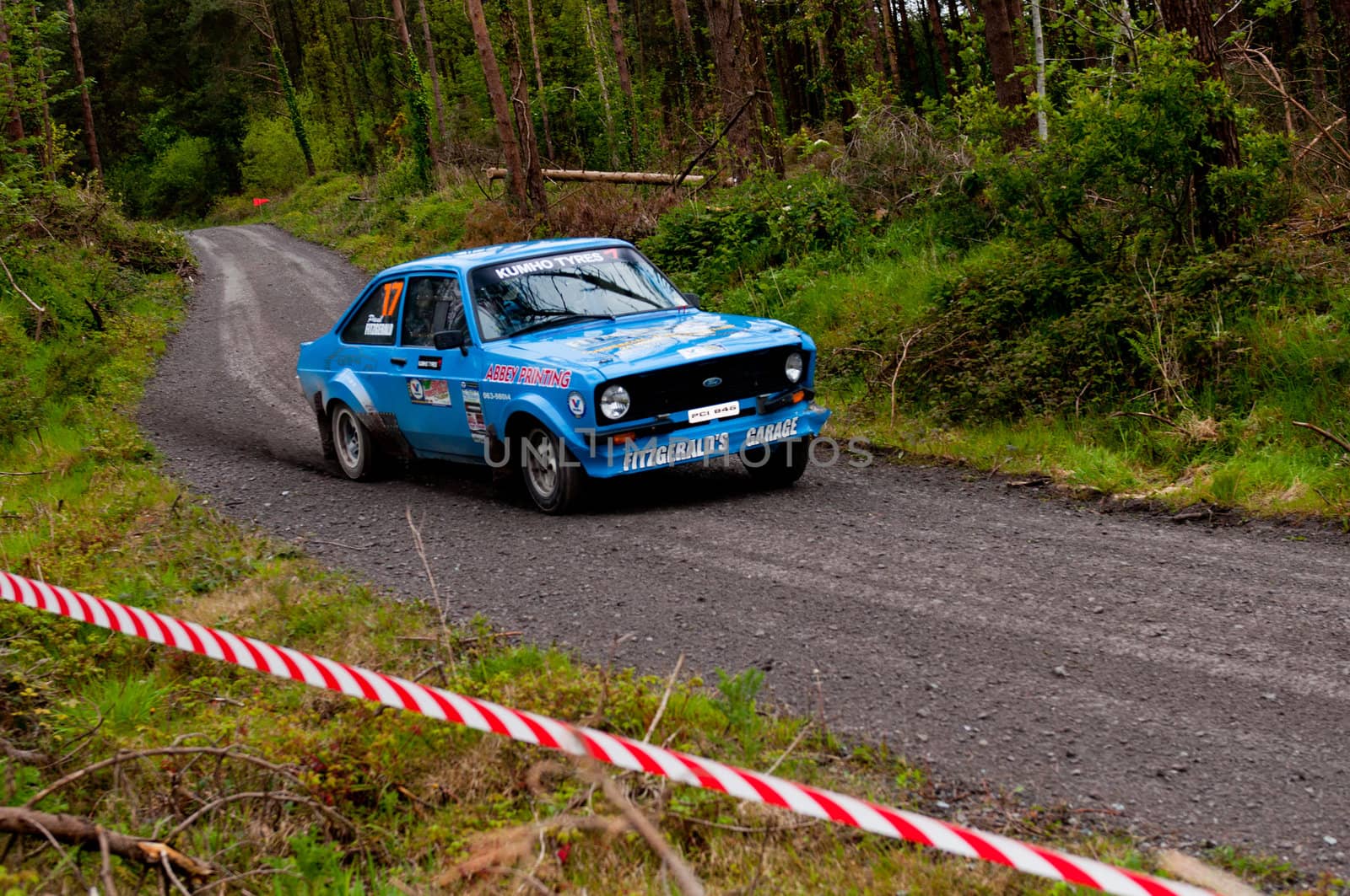 MALLOW, IRELAND - MAY 19: P. Fitzgerald driving Ford Escort at the Jim Walsh Cork Forest Rally on May 19, 2012 in Mallow, Ireland. 4th round of the Valvoline National Forest Rally Championship.