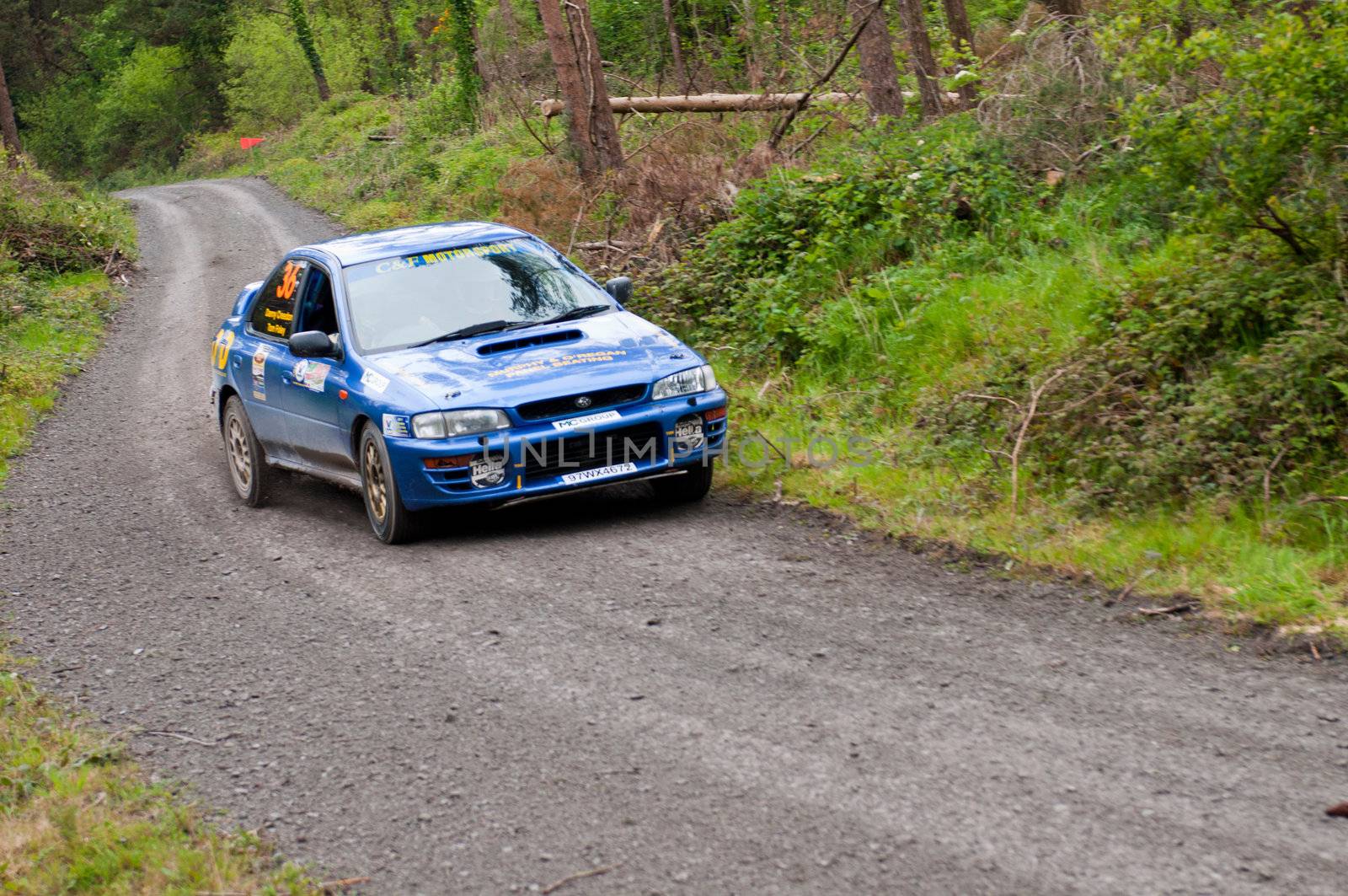 MALLOW, IRELAND - MAY 19: D. Creedon driving Subaru Impreza at the Jim Walsh Cork Forest Rally on May 19, 2012 in Mallow, Ireland. 4th round of the Valvoline National Forest Rally Championship.