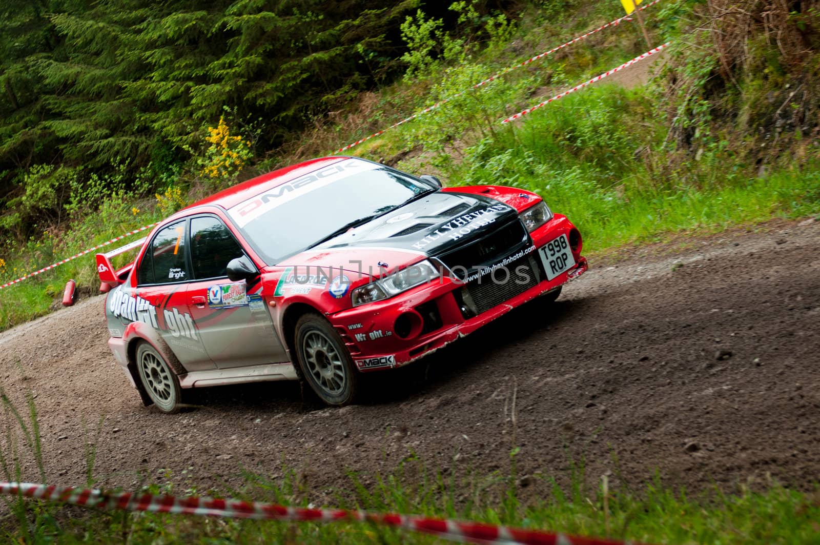 MALLOW, IRELAND - MAY 19: S. Wright driving Mitsubishi Evo at the Jim Walsh Cork Forest Rally on May 19, 2012 in Mallow, Ireland. 4th round of the Valvoline National Forest Rally Championship.